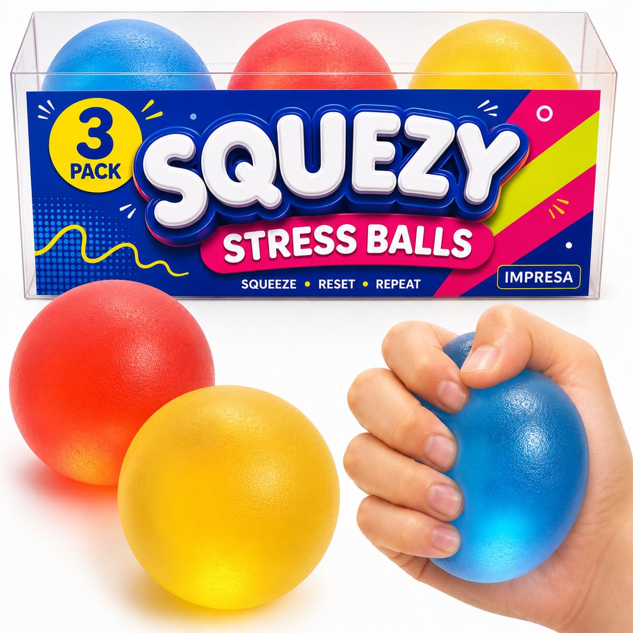 IMPRESA Squishy Stress Ball Set - Sensory Toys for Kids - Fidget Toys for Adults - Tear-Resistant Squeeze Balls for Stress Relief - Pack of 3, Multicolor