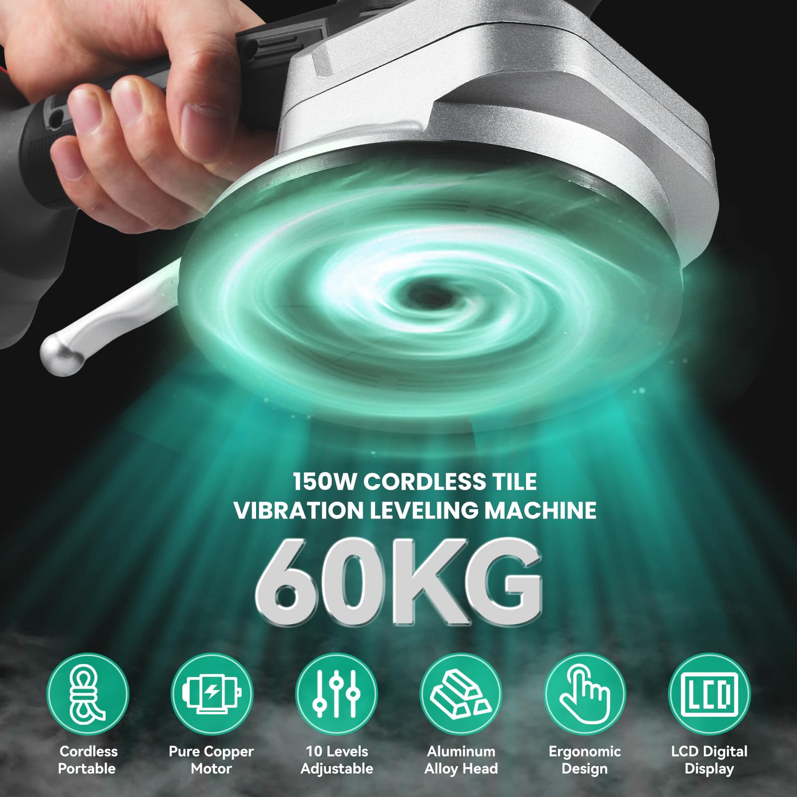 ONEVAN Fliesen Vibrationsgerät mit 2 1500mAh Akkus, 10-Gang Akku Fliesenrüttler 0-12000RPM Fliesen Vibration Elektrischer Fliesenverlegemaschine, 145mm Saugnapf für 200x200cm Fliesen, 60kg Kapazität