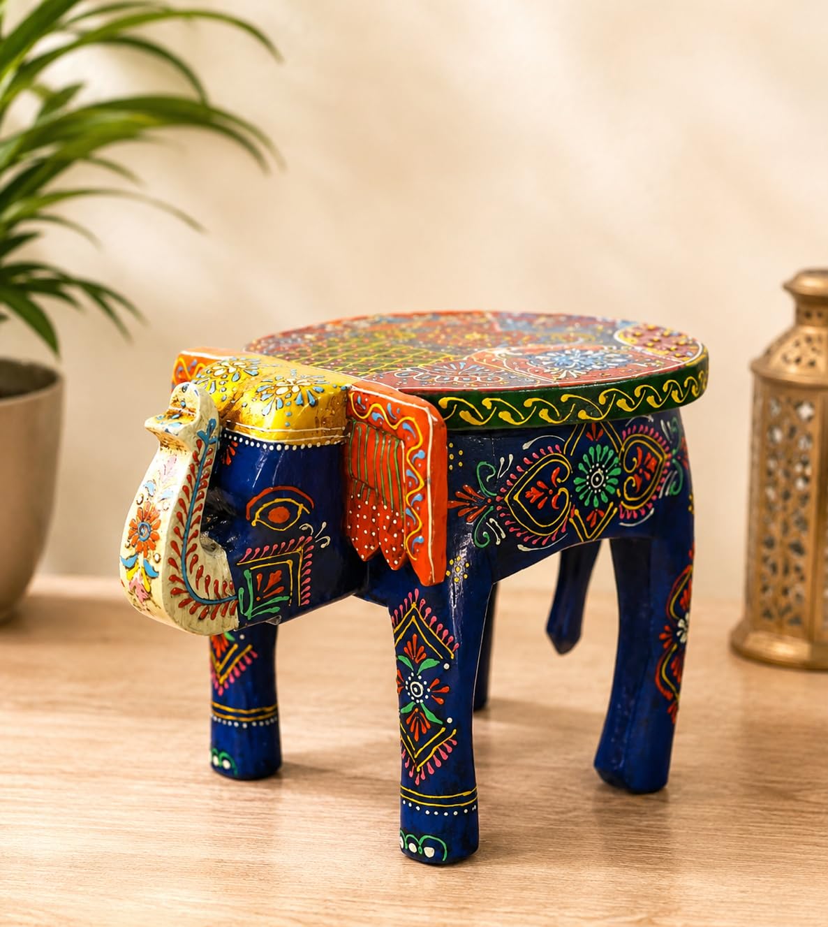 Wooden Elephant Stool Handcrafted Hand-Painted Decorative Elephant Showpiece | Multipurpose Mini Stool for Home Decor, Living Room, Office, Kids Room & Gifting | Blue Finish 8 Inch-image-5