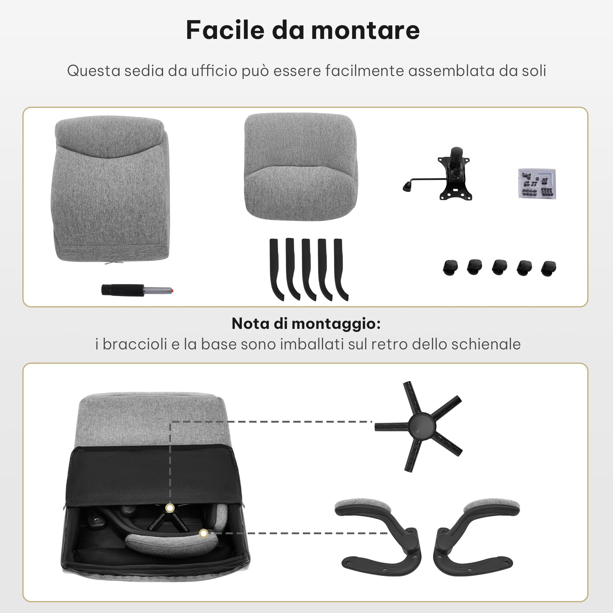 eSituro Poltrona Ufficio Ergonomica, Sedia Ufficio, Cotone Lino, Grigio | con Bracciolo Ribaltabile, Regolabile in Altezza