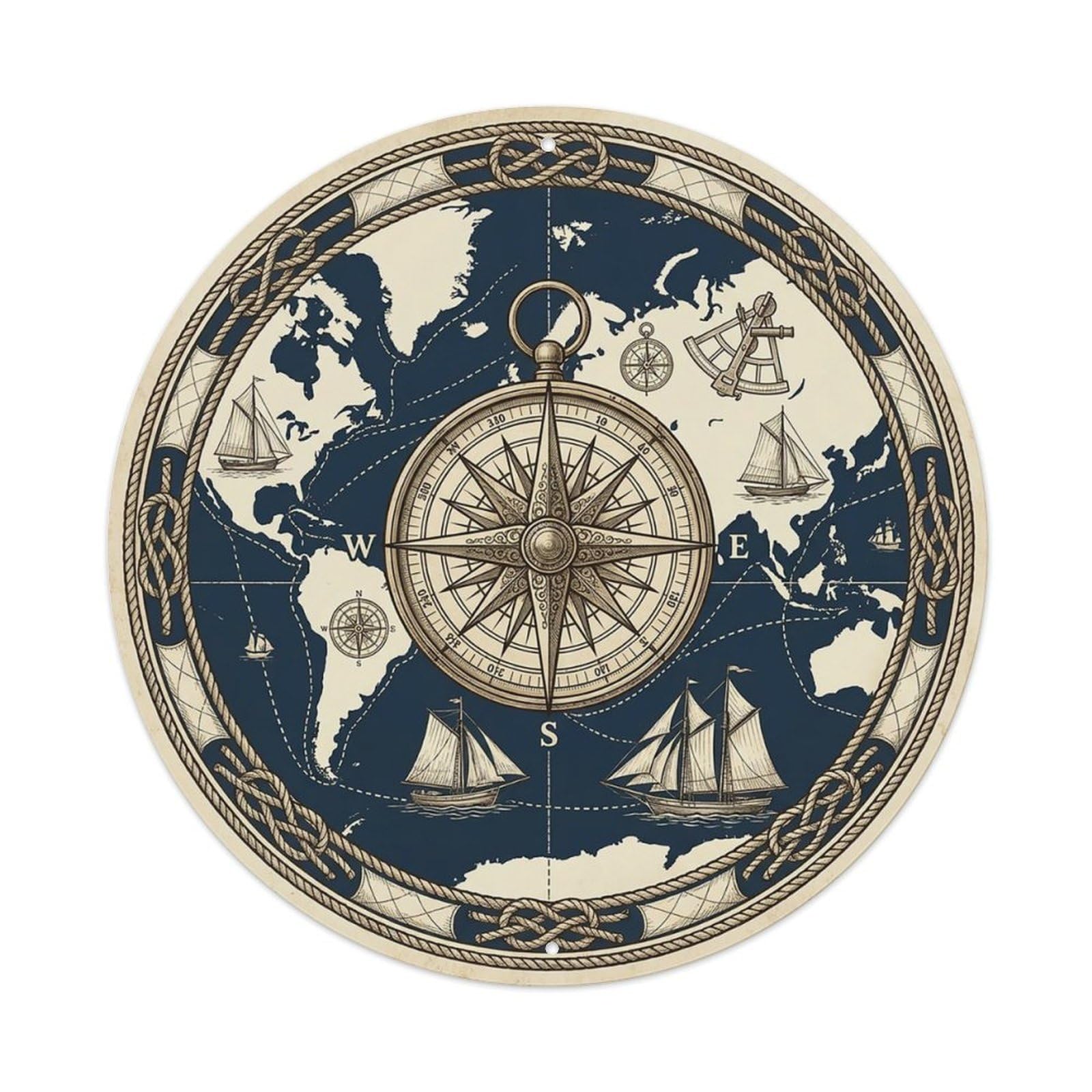 Vintage Nautical Compass World Map Sailing Heritage Metal Tin Sign