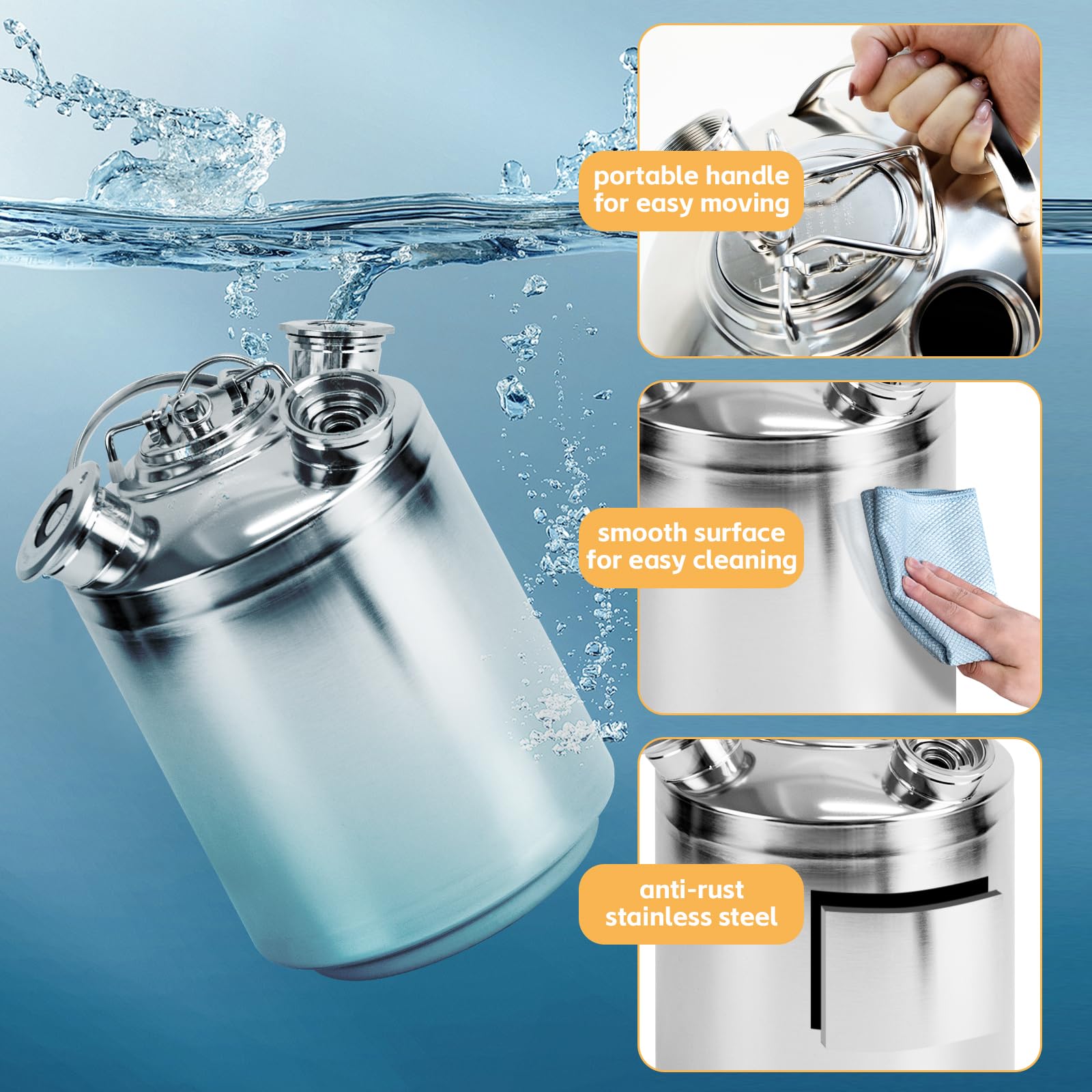 Barril de limpieza de cerveza de acero inoxidable de 10 l, 3 cabezales de limpieza con tapa, incluye pinchos A, S, G, dispositivo de limpieza de cerveza para grifo de cerveza de 10 L, acero inoxidable