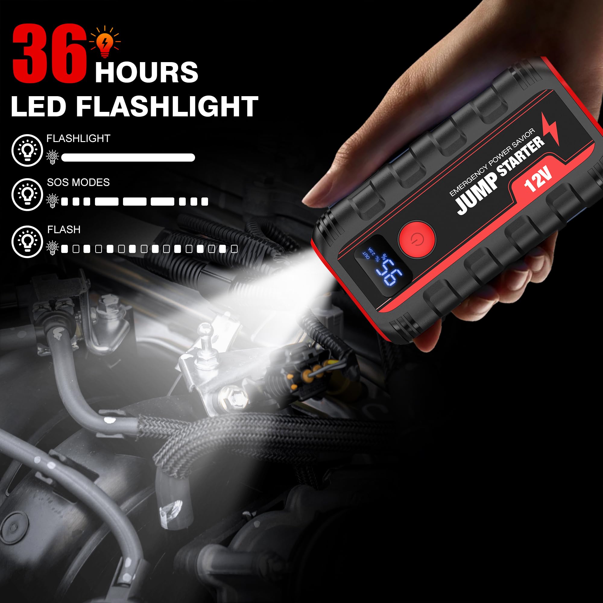 Booster Avviamento Auto Avviatore Batteria - Portatile Moto Emergenza Jump Starter Buster Professionale avviatore Motori 12 V 2000A 13200Mah Adatto per Benzina da 6L e Diesel 5L