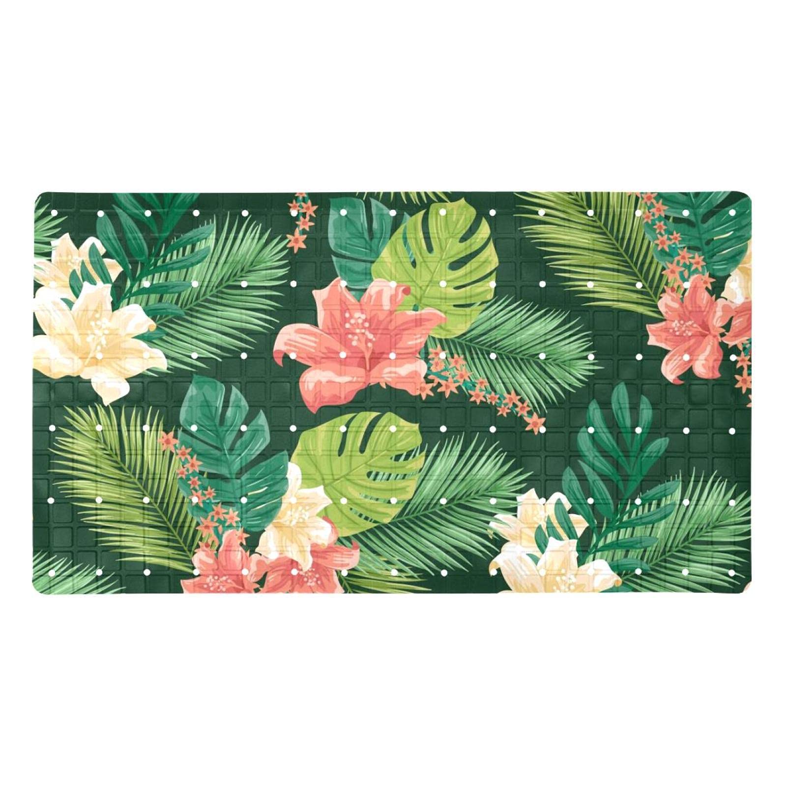 Tapis de bain antidérapant en PVC rectangulaire, motif de feuilles tropicales jaune et rose