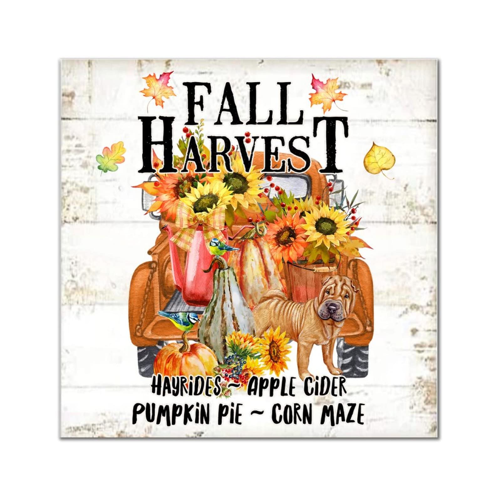 Plaque murale en bois d'automne avec colley et citrouille décorative 35x35 cm