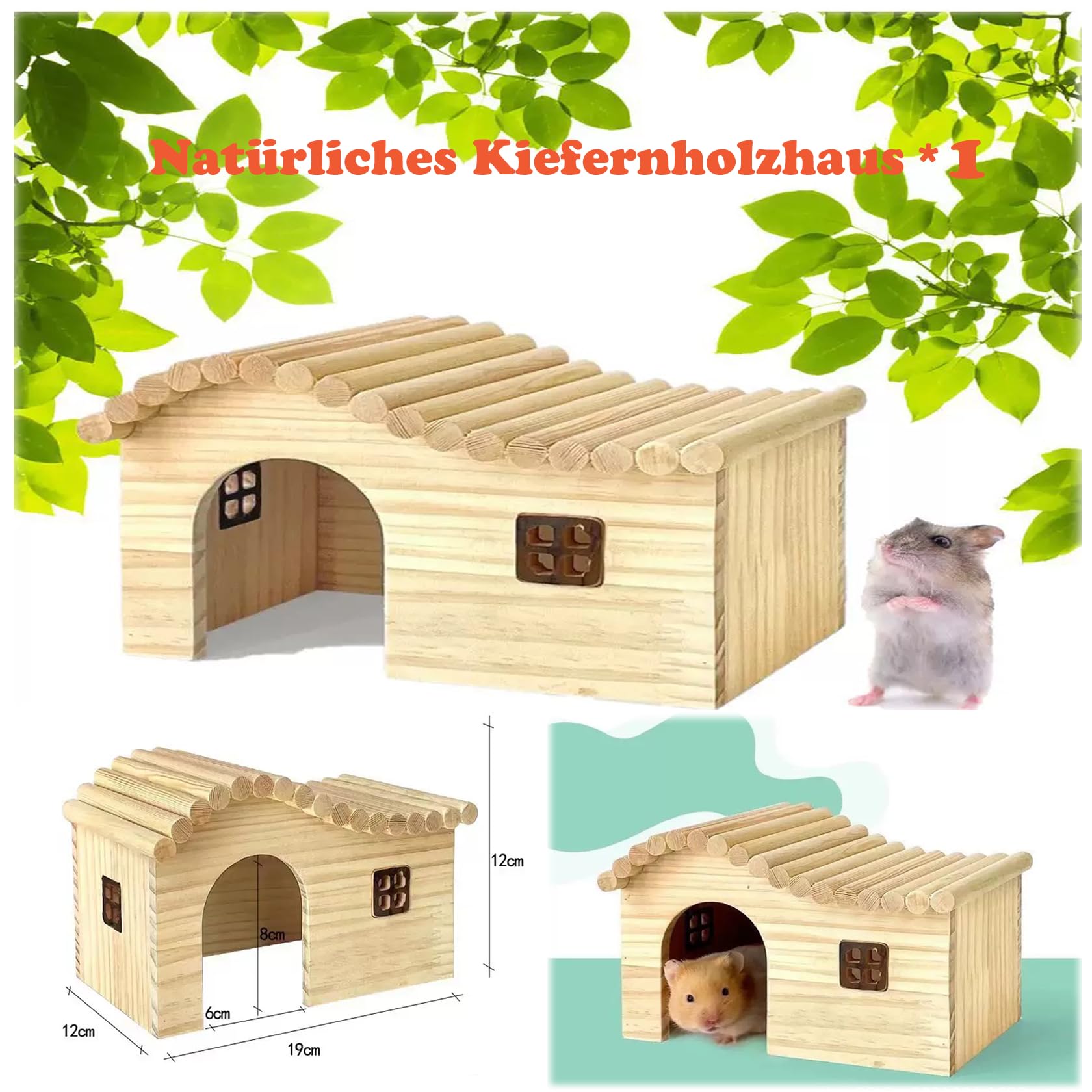 Natürlicher Kiefernhammerkäfig Landschaftsgestaltungsset, Massivholzlaufräder, Holzbrücke und Massivholzzaun 8pcs (Hamsterkäfig Landschaftsset)
