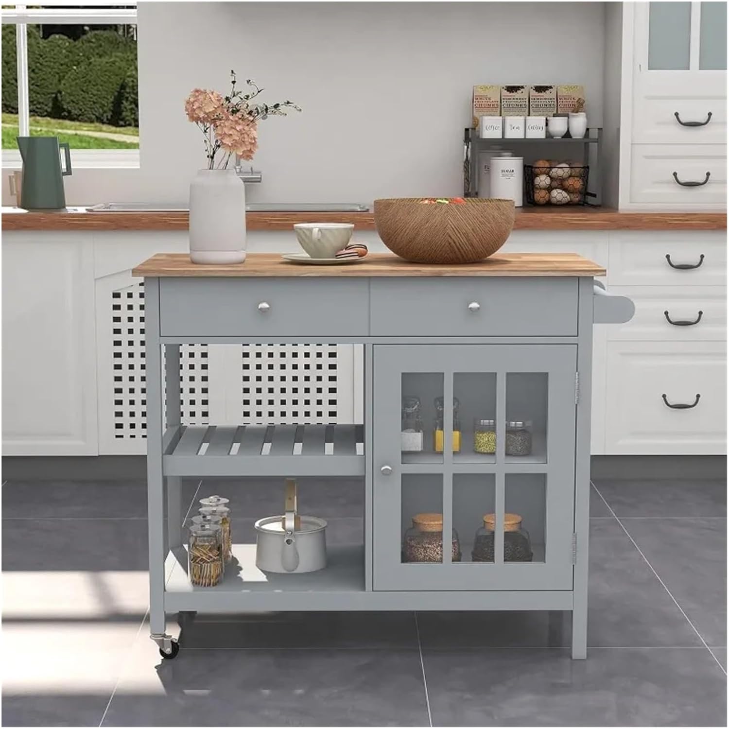 Storage Trolley Rolling Kitchen Island,Portable Cart,Wood Top Trolley with Drawers and Glass Door Cabinet Shelving Organizer