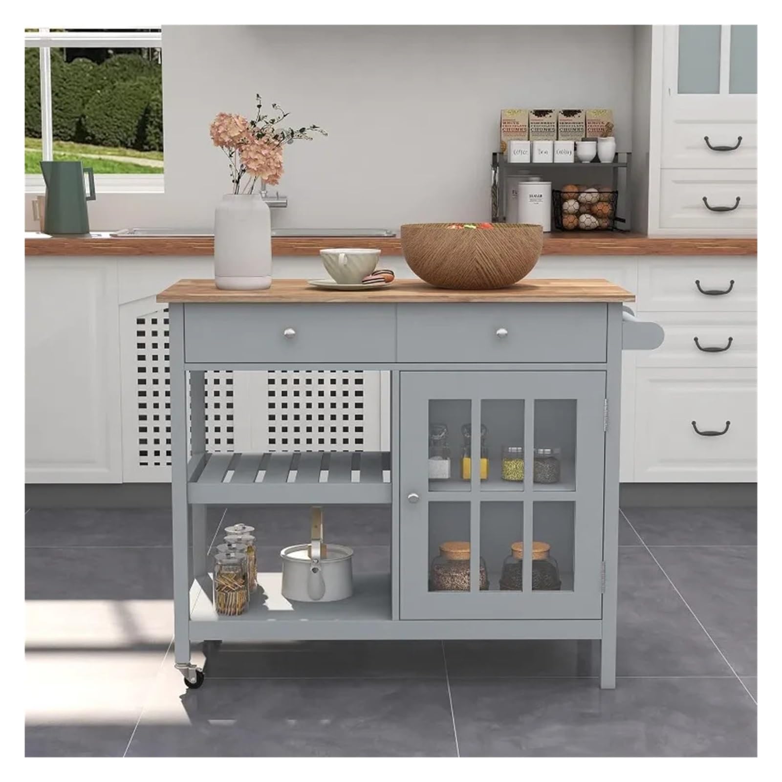 FZL02068LM Serving Trolleys Rolling Kitchen Island,Portable Cart,Wood Top Trolley with Drawers and Glass Door Cabinet Organization
