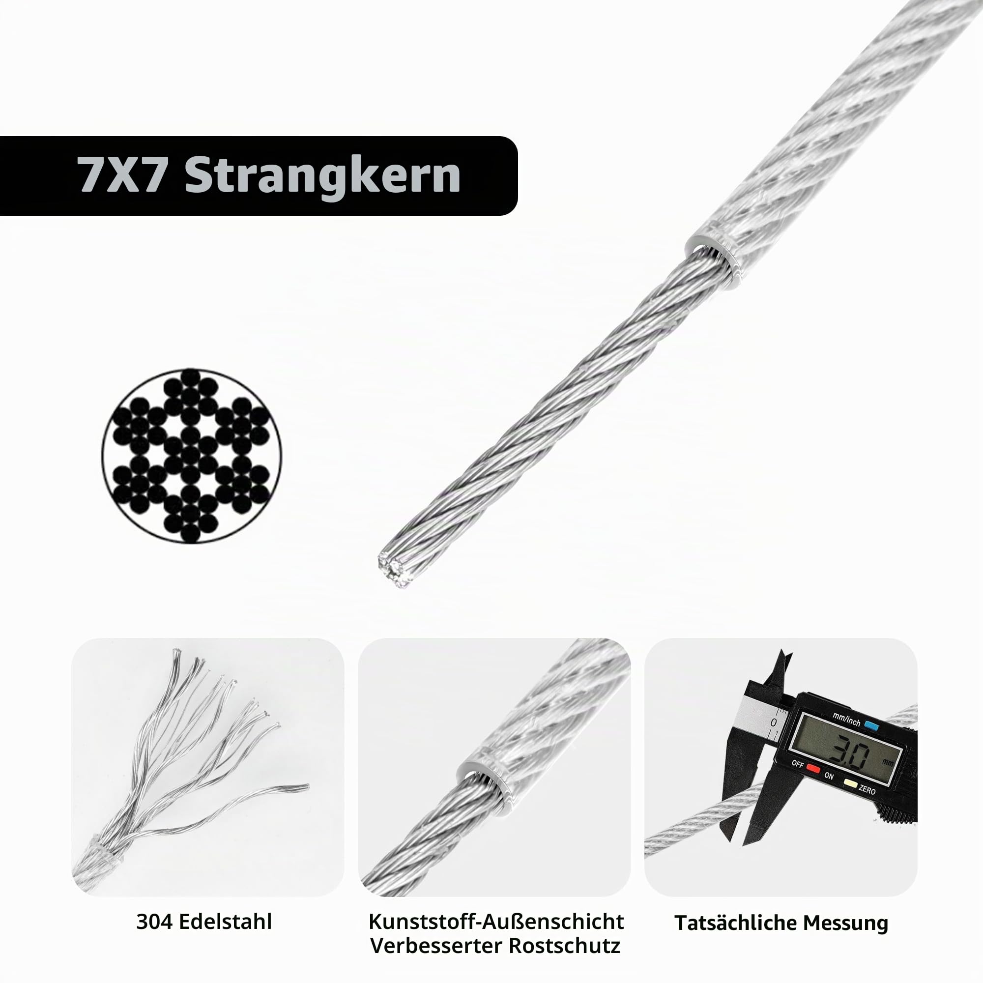 50m 3 mm Drahtseil, Edelstahlseil 7x7 für Rostfrei Seil, mit 30 Bügelformklemme M5 Spannschlösser Drahtseil kauschen Edelstahl Stahlseil kit