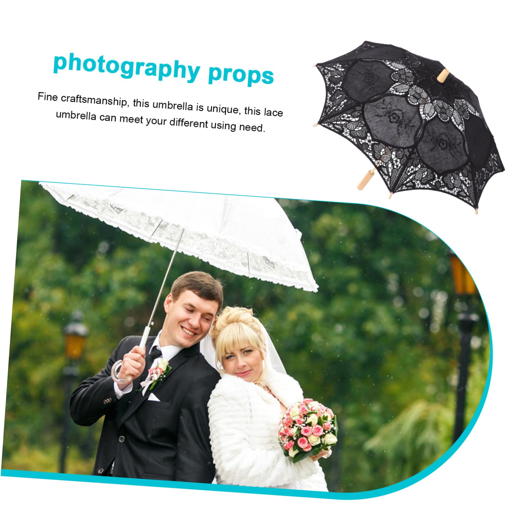 Yardwe Hochzeitsschirm Brautschirm mit Spitze und Lace für Fotografie | Schwarz, Zarte Elegante Optik, für Kinder Tanz und Teeparty, Dekorative Requisite