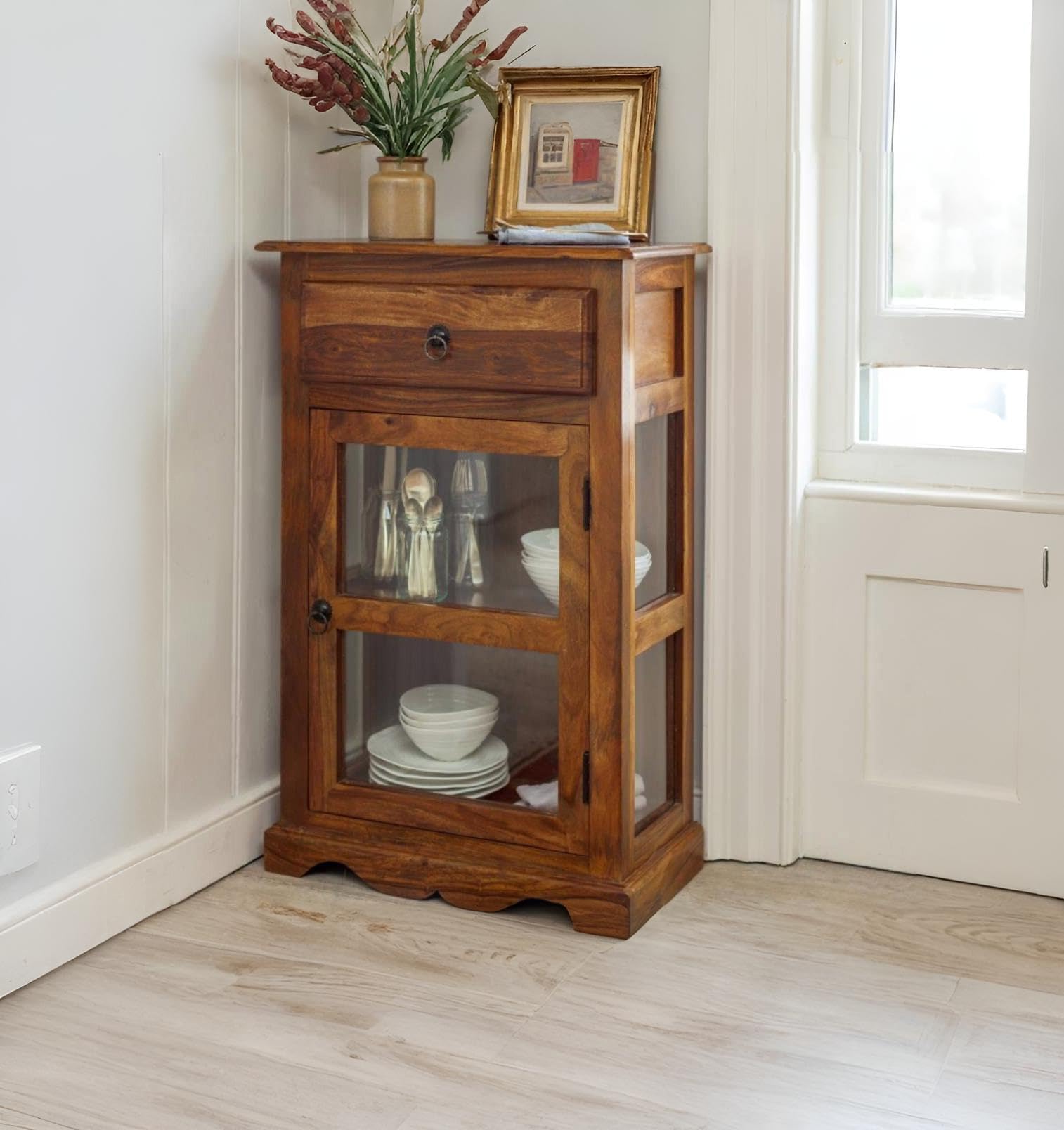 ANGEL FURNITURE Sheesham Wood Portland Kitchen Crockery Cabinet in Honey Finish Finish | Oven Stand | Microwave Stand-image-44