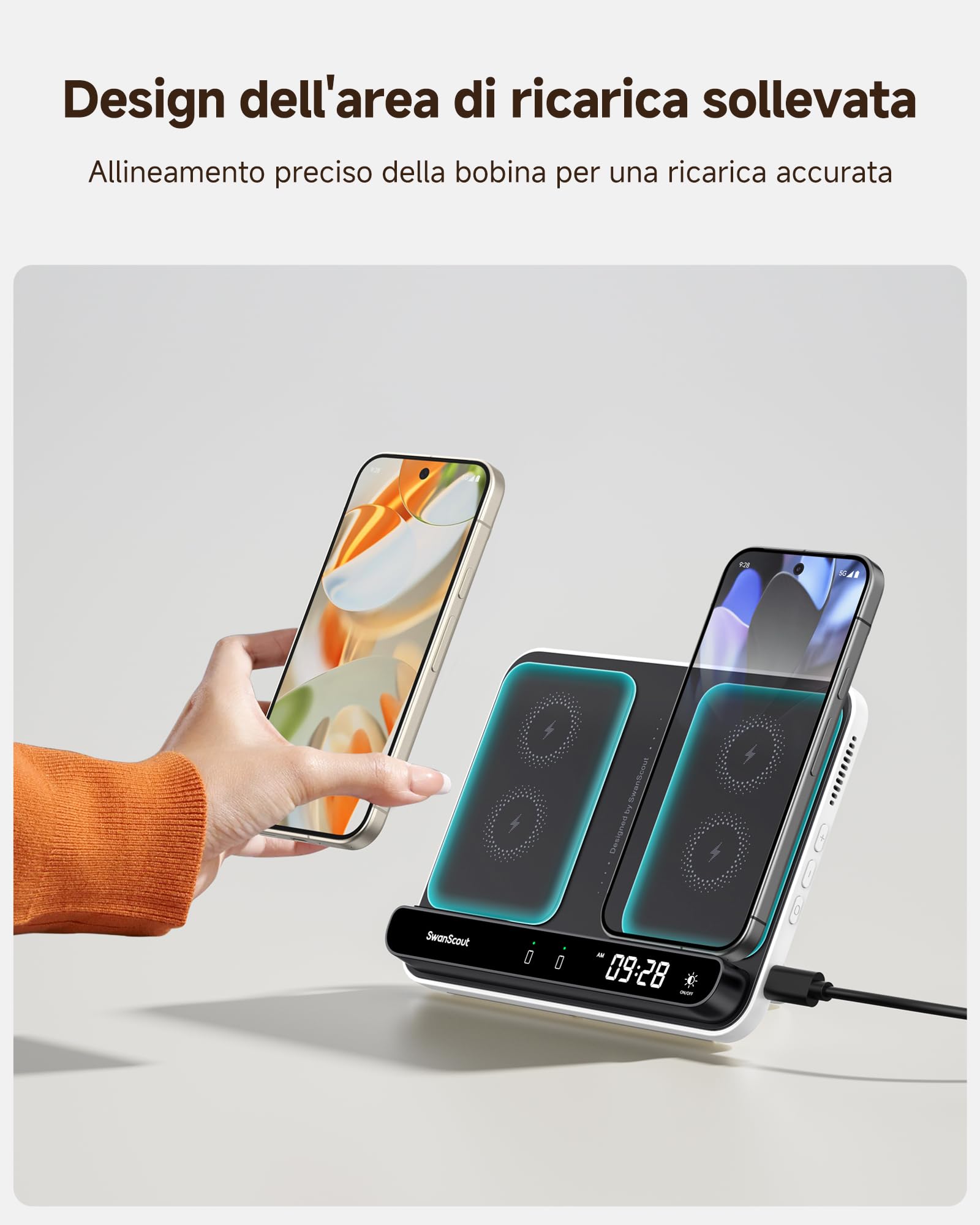 SwanScout Caricatore Wireless per Pixel Watch 3/2/Fitbit Versa 4/3/Sense 2 (Non per Google Watch 4/1), Stazione di Ricarica Doppio per Google 9 Pro Fold/9 Pro XL/9 Pro/9a/9/8/Buds, SwanScout 710G2