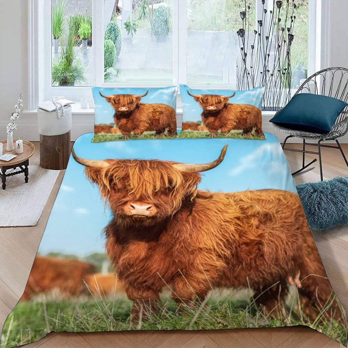 RFFLUX 3D Highland Cattle Super king size Duvet Cover Sets 3 Pieces 220x260 Soft Microfiber Farm Animals Cow Quilt Cover with Zipper Closure Easy Care Bed Set with 2 Pillowcase for Adults Room Decor — image 1