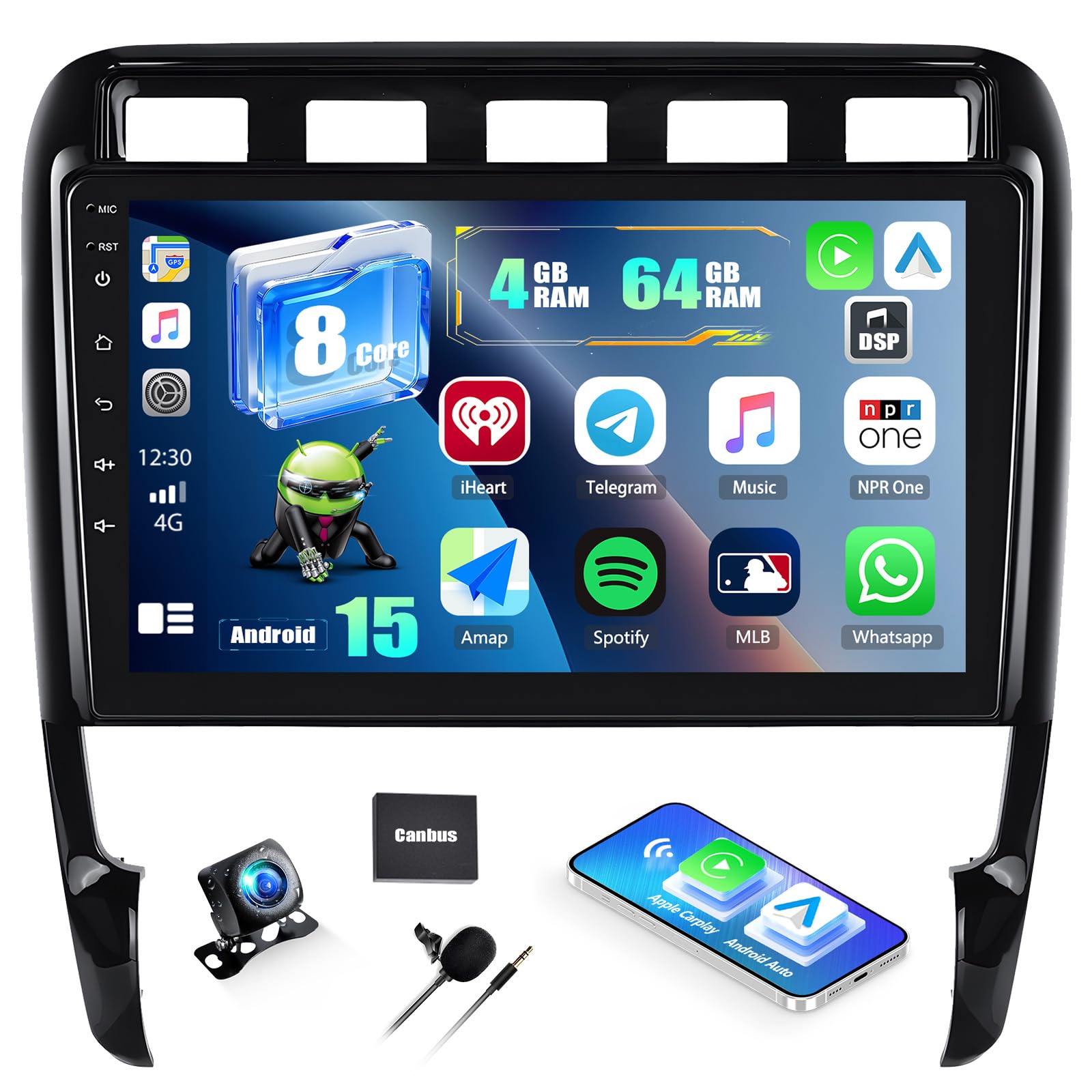 CAMECHO Qualcomm 8-Core 4+64G Android 15 DSP Autoradio per Porsche Cayenne 2002-2010 con Telecamera Posteriore, 9 Pollici Senza Fili Carplay IPS Bluetooth Radio con Android Auto WIFI GPS FM/RDS