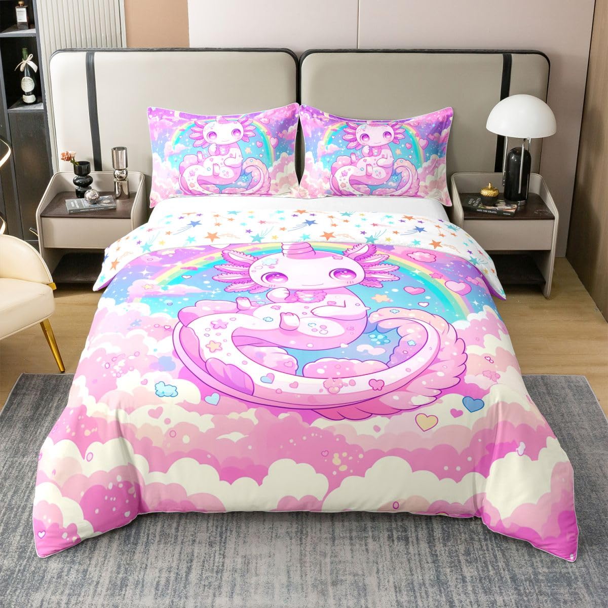 Homewish Kreskówka Marzycielski Axolotl Księżniczka Dziewczęca Tęcza Jednorożec Fioletowy Różowy Pojedynczy Zestaw Poszwa Na Kołdrę Miłość Serca Bawełniana Pościel Ombre Urocza Salamandra Poszewka Na