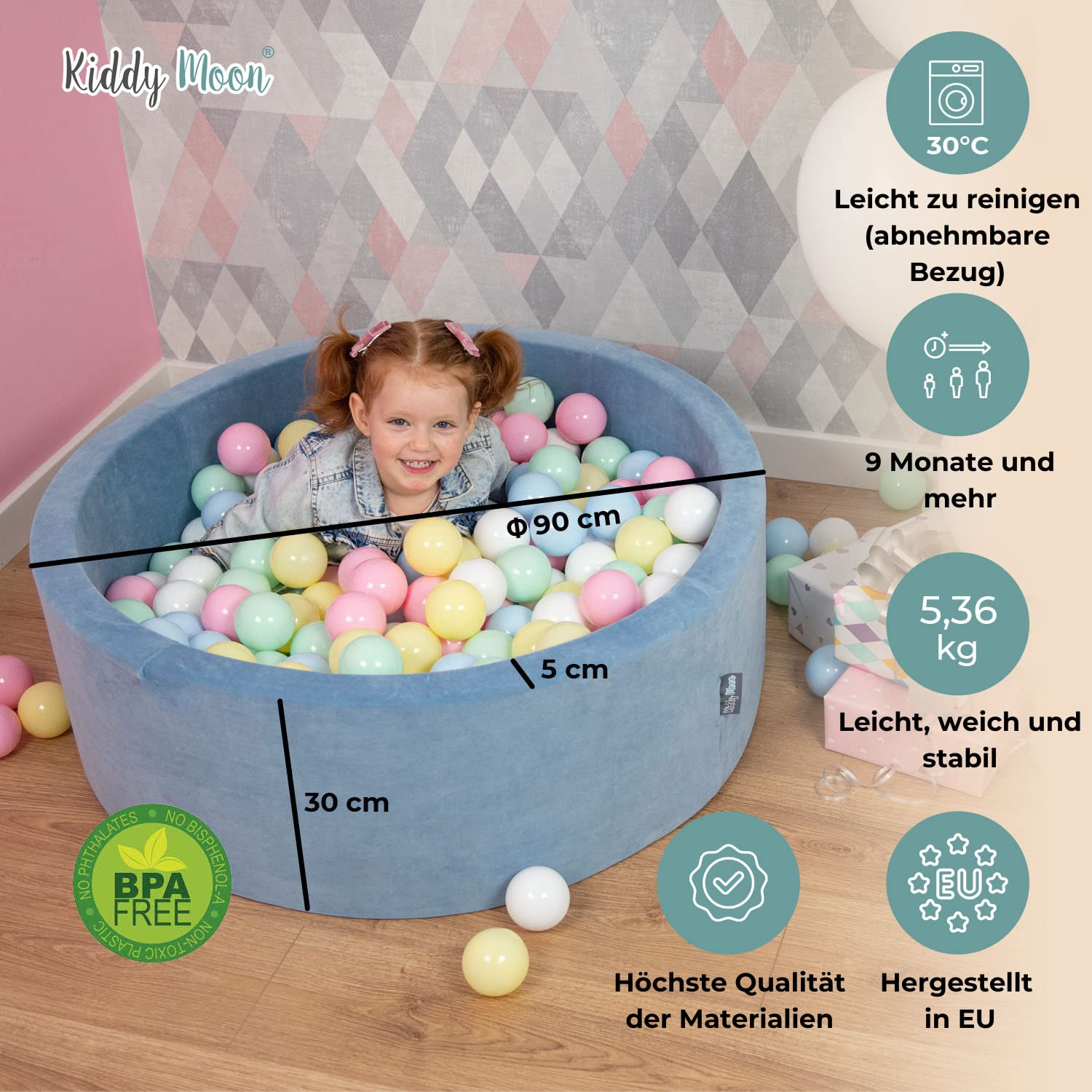 KiddyMoon Velours Bällebad Rund für Babys 90x30 mit 200 Bälle 7cm Ballgruben Sensorik Spielzeug Waldgrün - Dunkeltürkis Grau Weiß Minze