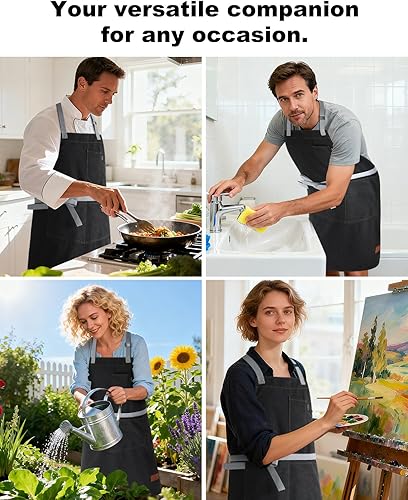 Miniatura 6 de Delantales de chef para hombres, delantales para mujer con 3 bolsillos grandes, correa ajustable para el cuello y lazos extralargos (atado