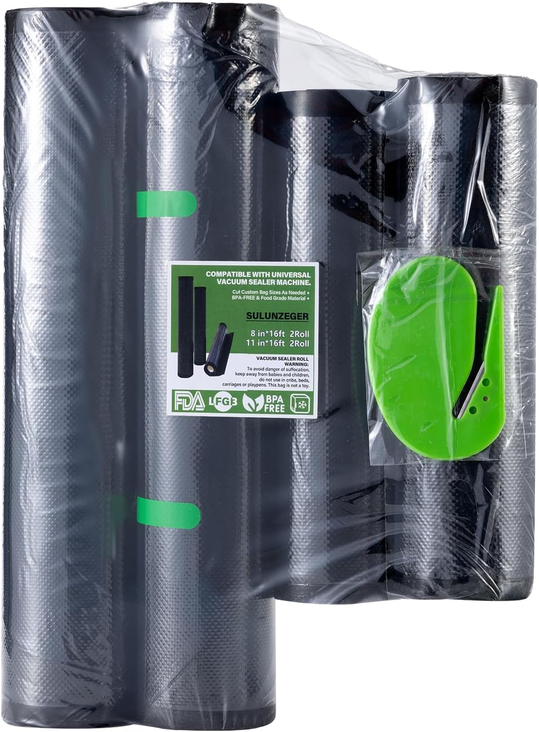 Vacuum Sealer Bags, 2 Rolls 8"X16' and 2 Rolls 11"X16' Airtight Food Storage Bag, Sous Vide Roll with Bags Cutter for Vacum Sealing Machine, Microwave Freezer Safe, BPA Free (Black)