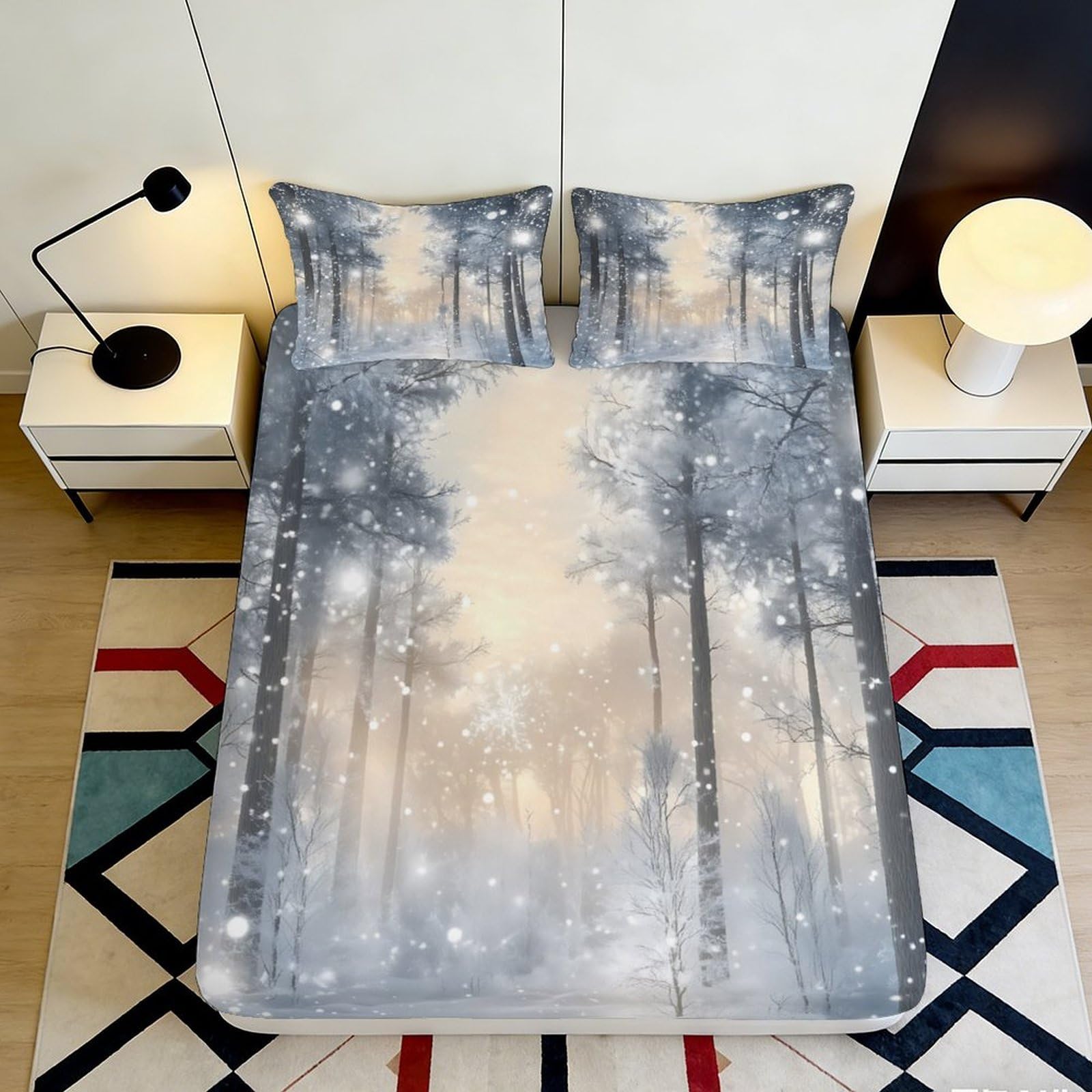 3D Printed Misty Forest Fitted Sheet Microfiber Non Slip Woodland Mattress Cover for Bedroom Dorm Easy Care 90x200x25cm
