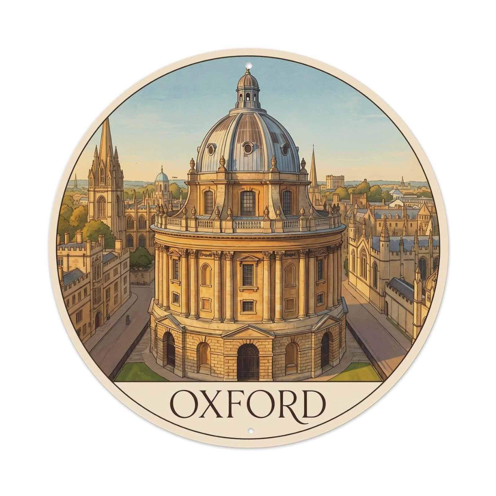 Oxford Domed Library Golden Landmark Vintage Travel City Map Metal Tin Sign Plaque Wall Decor for Cafe, Man Cave, Club Bar, Office, Home Garden Round Metal Poster 8x8Inch