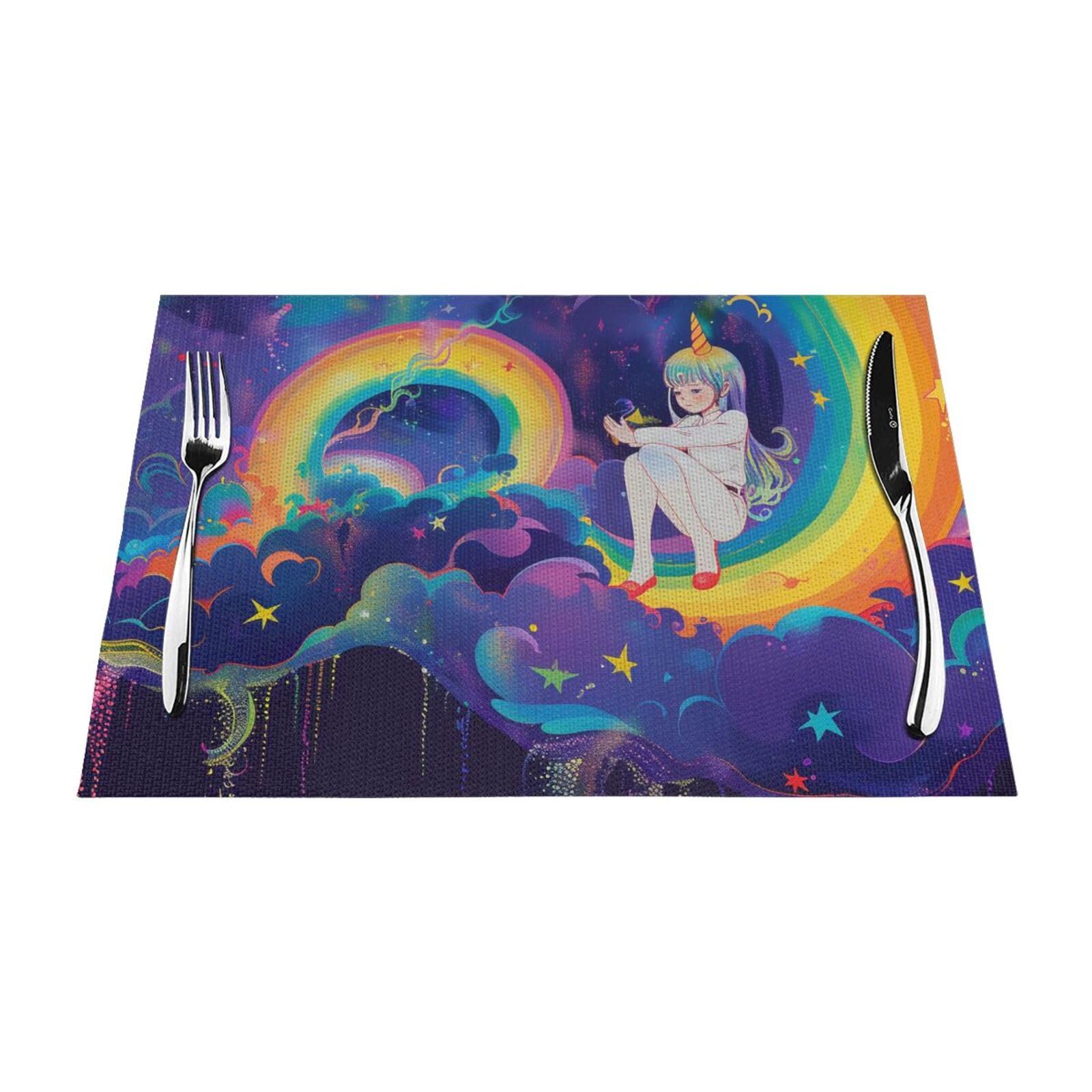 Rainbow Printed PVC Placemat 4 PCS for Kitchen Dining Table Heat-resistand Washable Table Mats 18x12 in