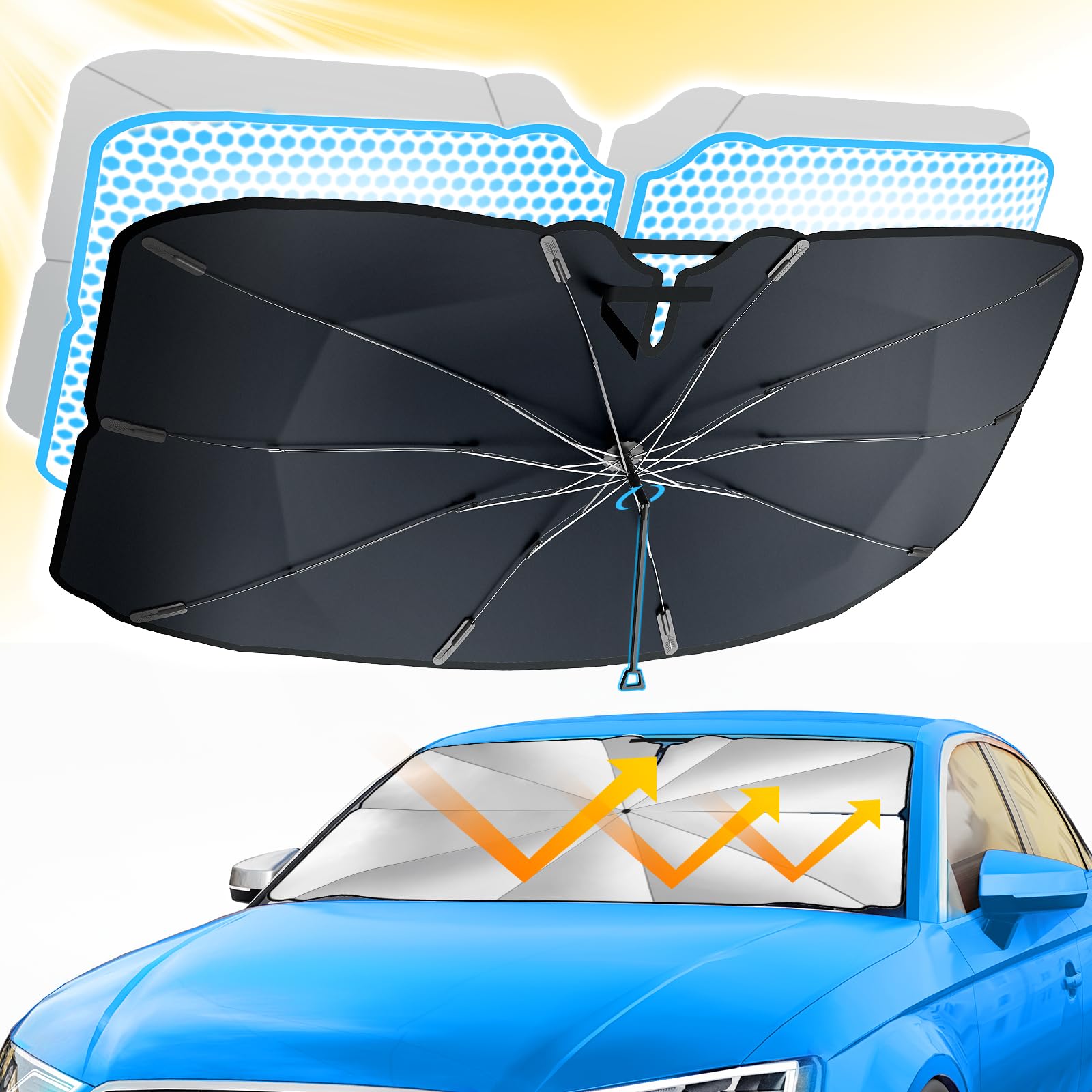 Parasol Coche Delantero 145 * 79CM, Behozel 2024 Upgrade, Parabrisas Paraguas Rotación 360°, Plegable, Borde Antirayaduras, Protección UV, Aislamiento Térmico, para la Mayoría de Autos y SUV (XL)