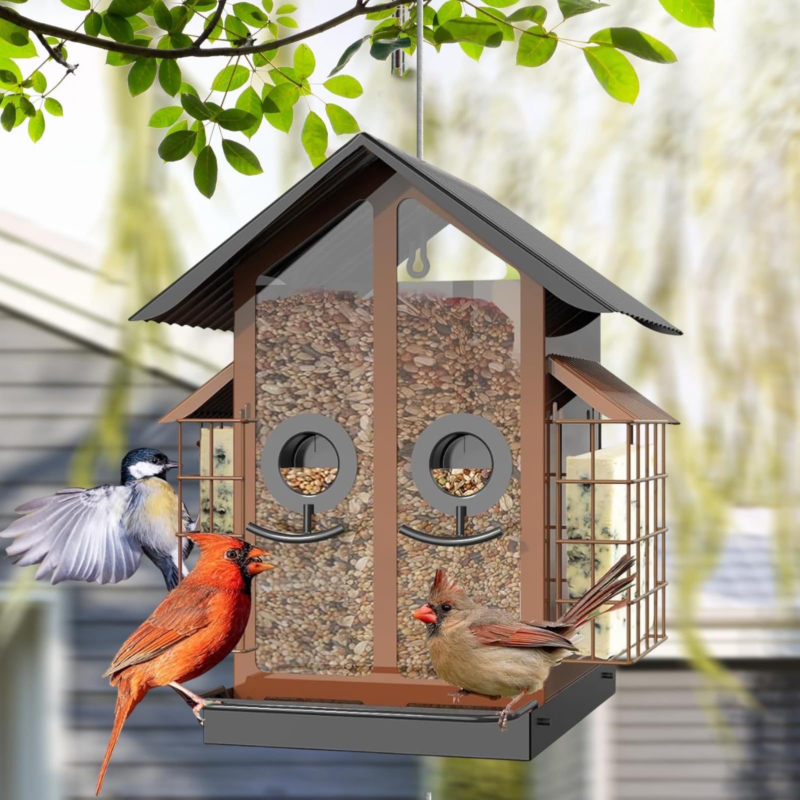 Mangiatoia per uccelli, a prova di scoiattolo, grande capacità per giardino, balcone, patio, terrazza, portico, albero, recinzione, osservazione e osservazione delle finestre