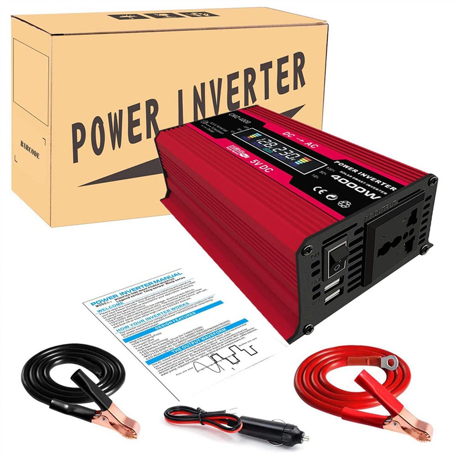 Falownik 4000W zmodyfikowana fala sinusoidalna przetwornica napięcia 12V 220 fala sinusoidalna 12V do 220 do generatora konwerterów domowych z przetwornicą częstotliwości ładowania LCD(4000W Red)