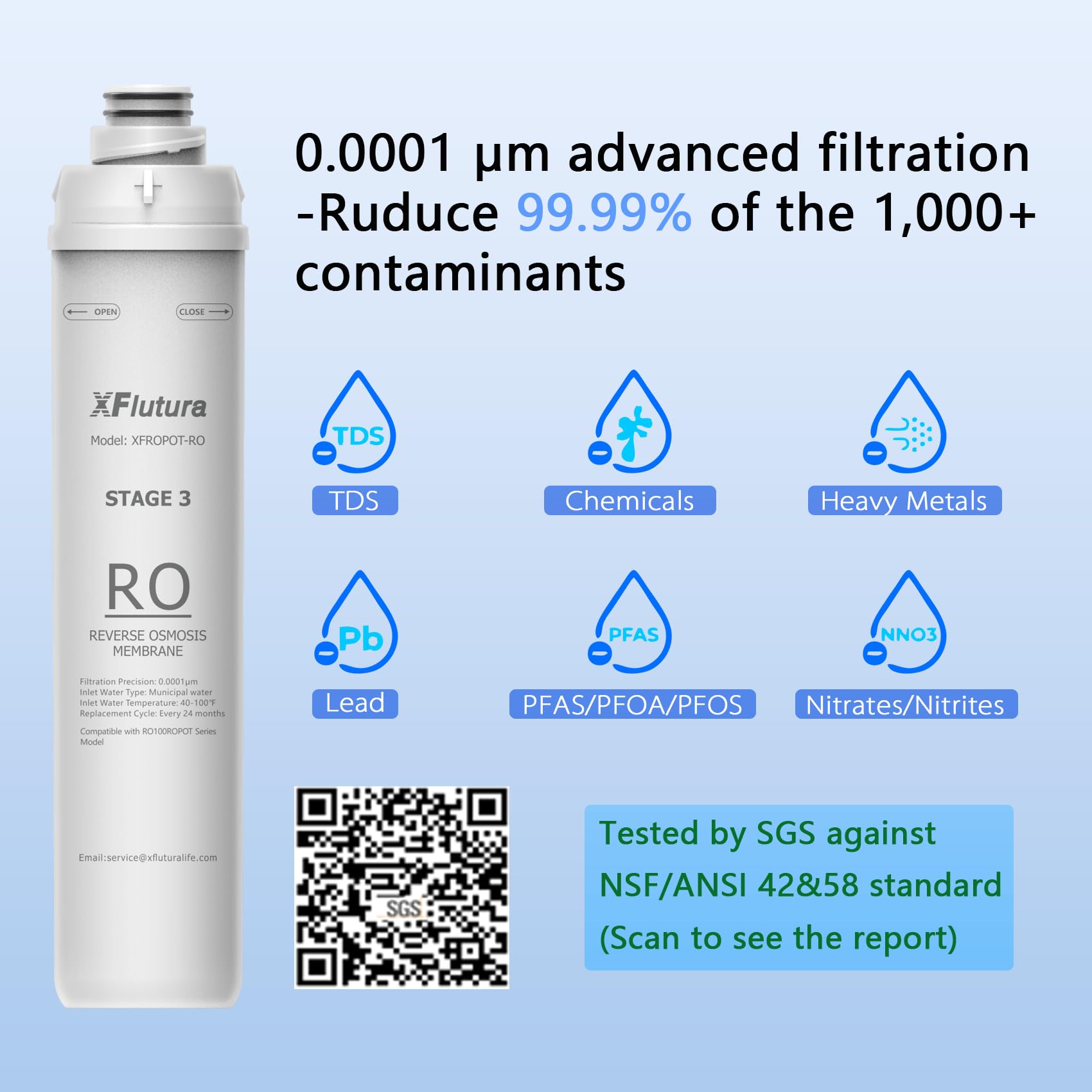 RO100ROPOT Series 4-Pack Replacement Filter Cartridge Set Compatible with Bluevua RO100ROPOT, RO100ROPOTUV Series Water Filter, Pack of 4 Filters (1*PP, 1*CTO, 1*RO, 1*PCF)