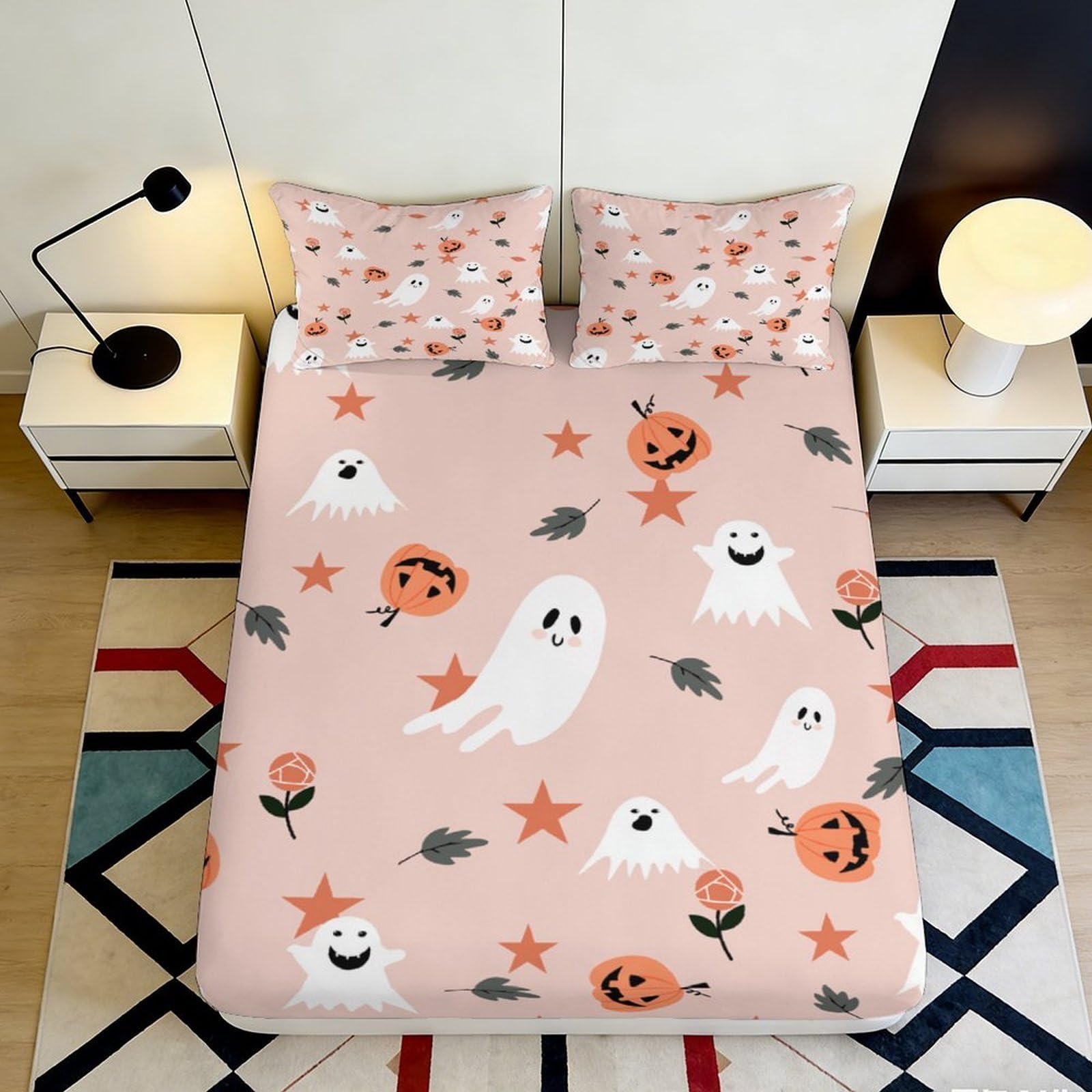 Pnayamiorkfel Style-2 3D Printed Halloween Ghost Fitted Sheet Microfiber Soft Pink Pumpkin Bed Cover For Bedroom Dorm Room Mattress Protection Decor 90X200x25cm
