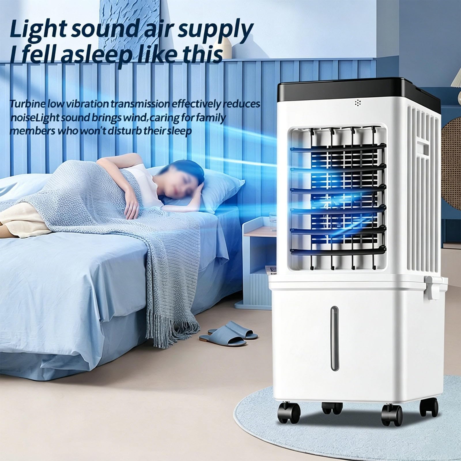 Ventilatore evaporativo Portatile da 75W con Oscillazione a 90°, 4 impacchi di Ghiaccio, Telecomando, 3 modalità e 3 velocità, Timer da 7.5 Ore e Ruote per casa,Ufficio