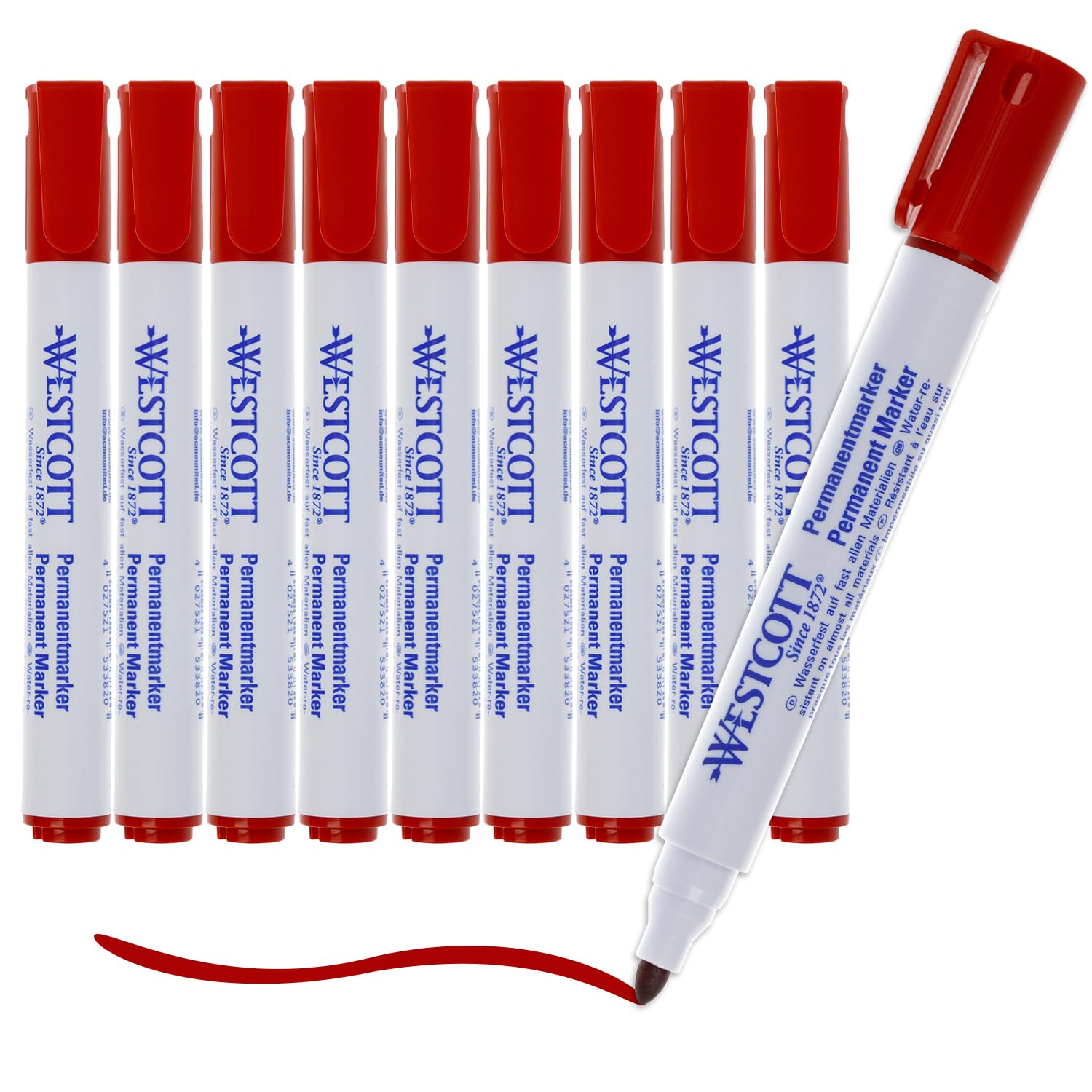 Westcott Rotuladores permanentes, 10 unidades, rojo, Rotuladores resistentes al agua, Punta redonda de 1,5-3,0 mm, Recargables, resistentes a la luz, secado rápido, E-713006 00