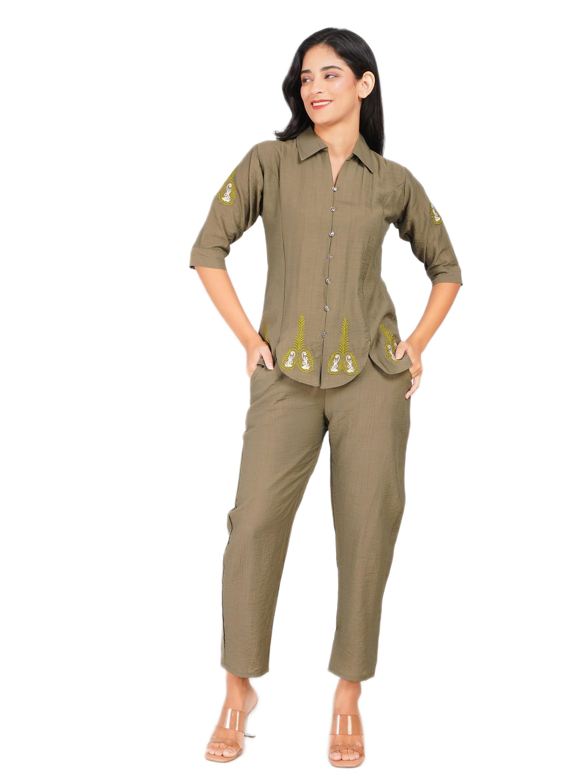 Women Embroidered Co-ord Set, Olive Green, Button-Down Shirt with Straight-Fit Pant-picture-33