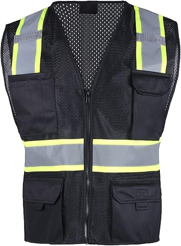 FONIRRA Chaleco de seguridad para mujer con bolsillos y cremallera reflectante de malla de alta visibilidad para trabajo (color negro, M)