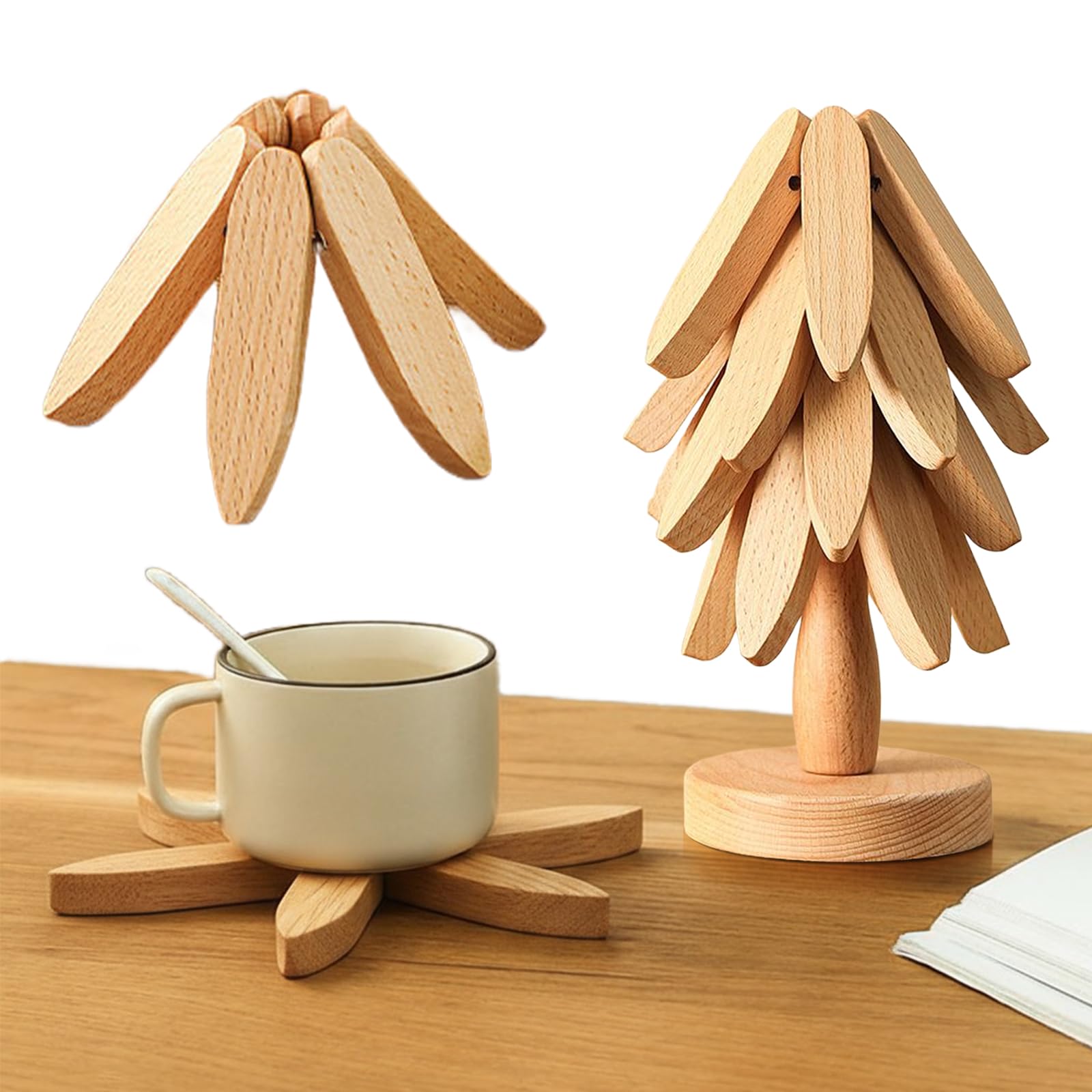 Speproeco 4 Trivets - Wood Color Wooden Tree Trivet Set, Tree Shape Trivets For Hot Dishes, Wood Coasters For Christmas Kitchen Decor, Foldable Kitchen Wooden Trivets For Hot Pots And Pans