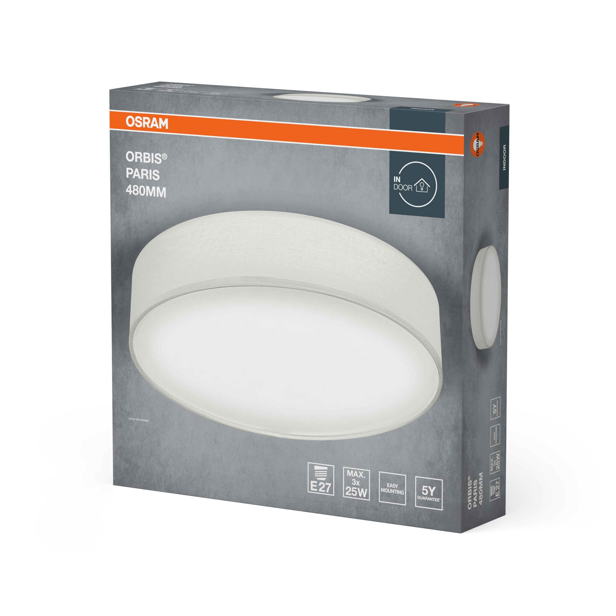 Osram Plafonnier ORBIS PARIS 480mm, blanc, culot 3xE27, peut être équipé d'une ampoule connectée, de haute qualité, design moderne, avec abat-jour en tissu, adapté à un usage intérieur, rond, IP20 | Orbis Paris Éclairage mural intérieur, blanc, lot de 1