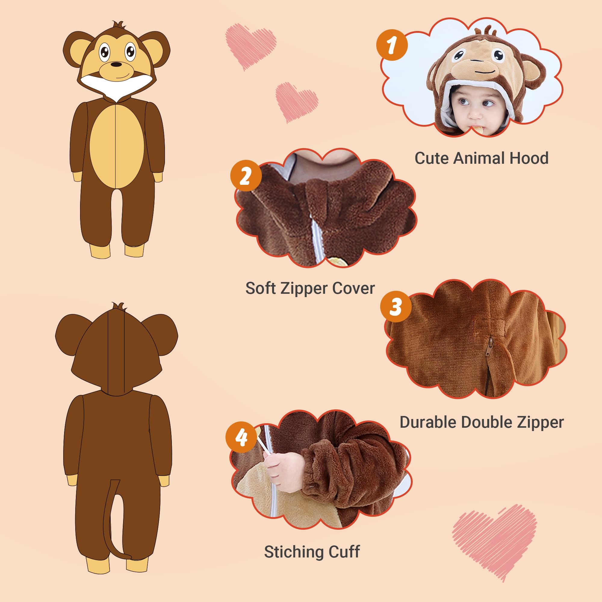 Tuta Invernale Unisex con Cappuccio per Bambino Animale 2-36 Mesi