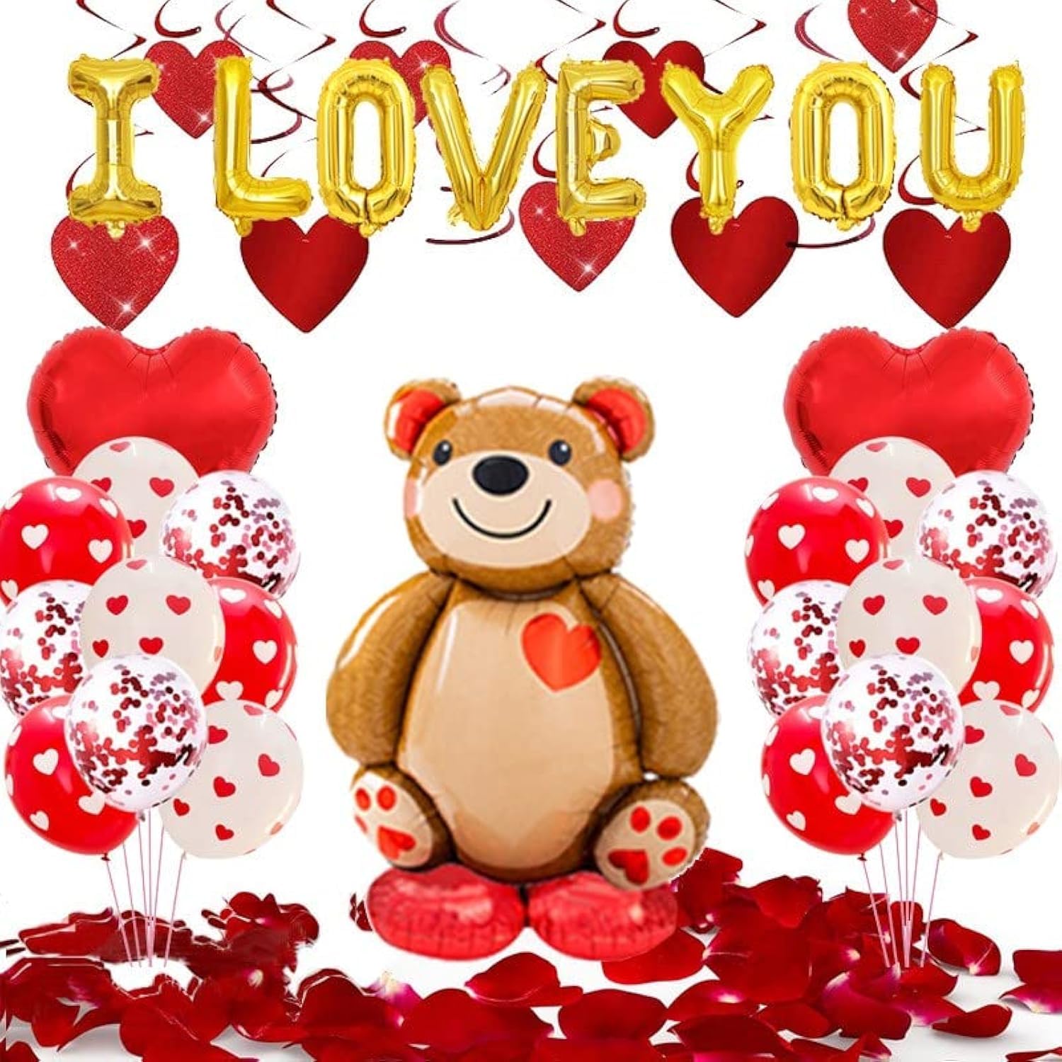 Valentines Day Decorations GIANT INFLATABLE TEDDY BEAR, 18 pcs red heart-shaped latex balloons 2 red heart balloons 6 heart-shaped scroll 1000 pieces of silk rose petals, Roll of ribbon and glue