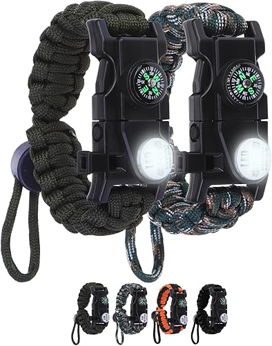 Pulsera de cuerda de paracaídas de supervivencia ajustable, paquete de 2 kits de inicio de fuego de emergencia con silbato fuerte, brújula, luz de