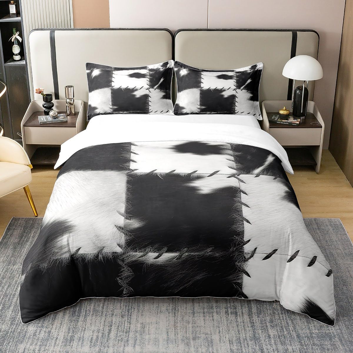 100% Cotton Cow Print Bedding King Floral Turquoise Decor Comforter Cover Western Cow Decor Duvet Cover Vintage Farmhouse Style Bedding Set Rustic Milk Cow Print Bedspread Cover,Black Green 3Pcs