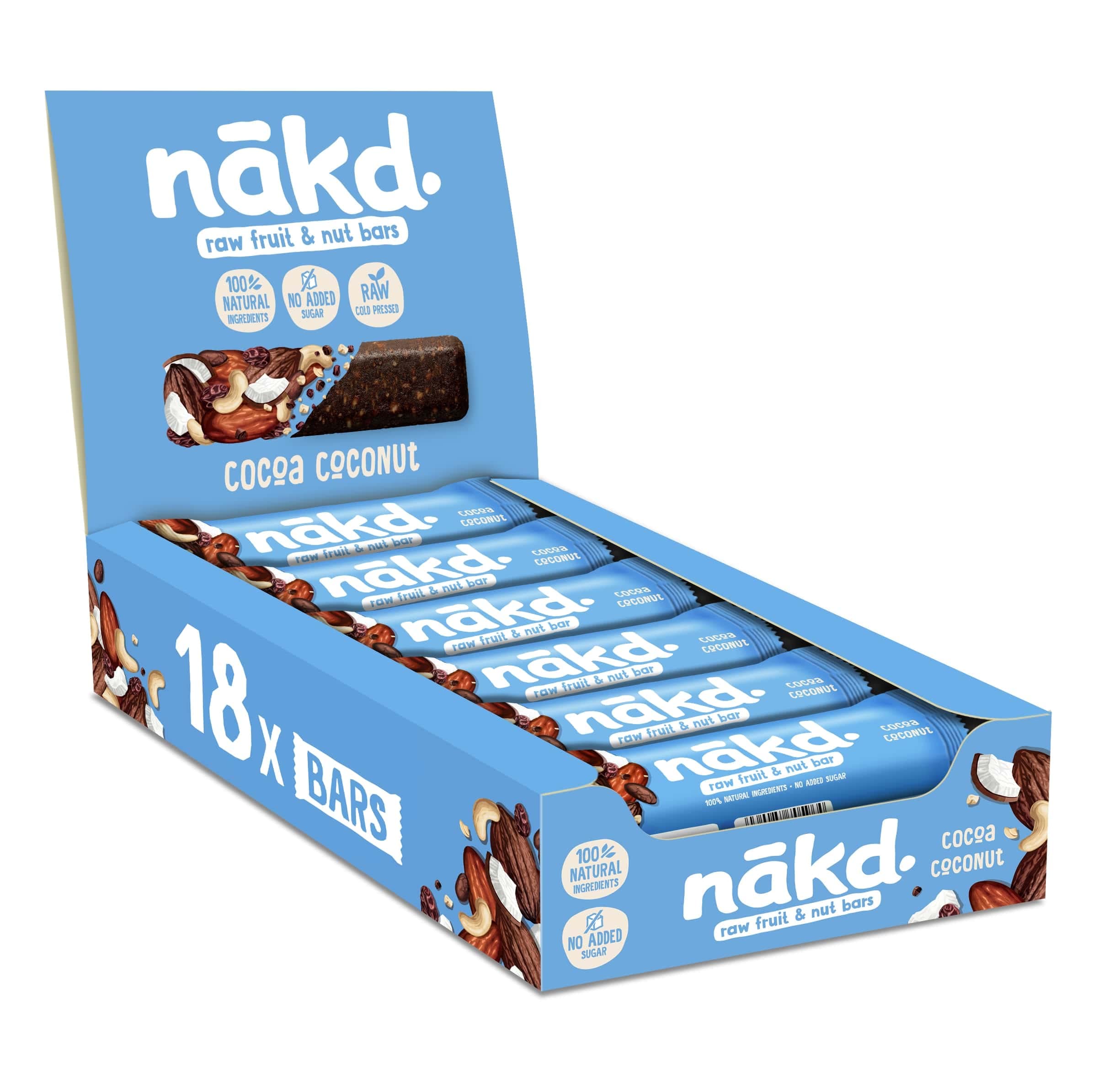 NakdCocoa Coconut Raw Fruit & Nut Bars 100% Natural Ingredients No Added Sugar 18 x 35g