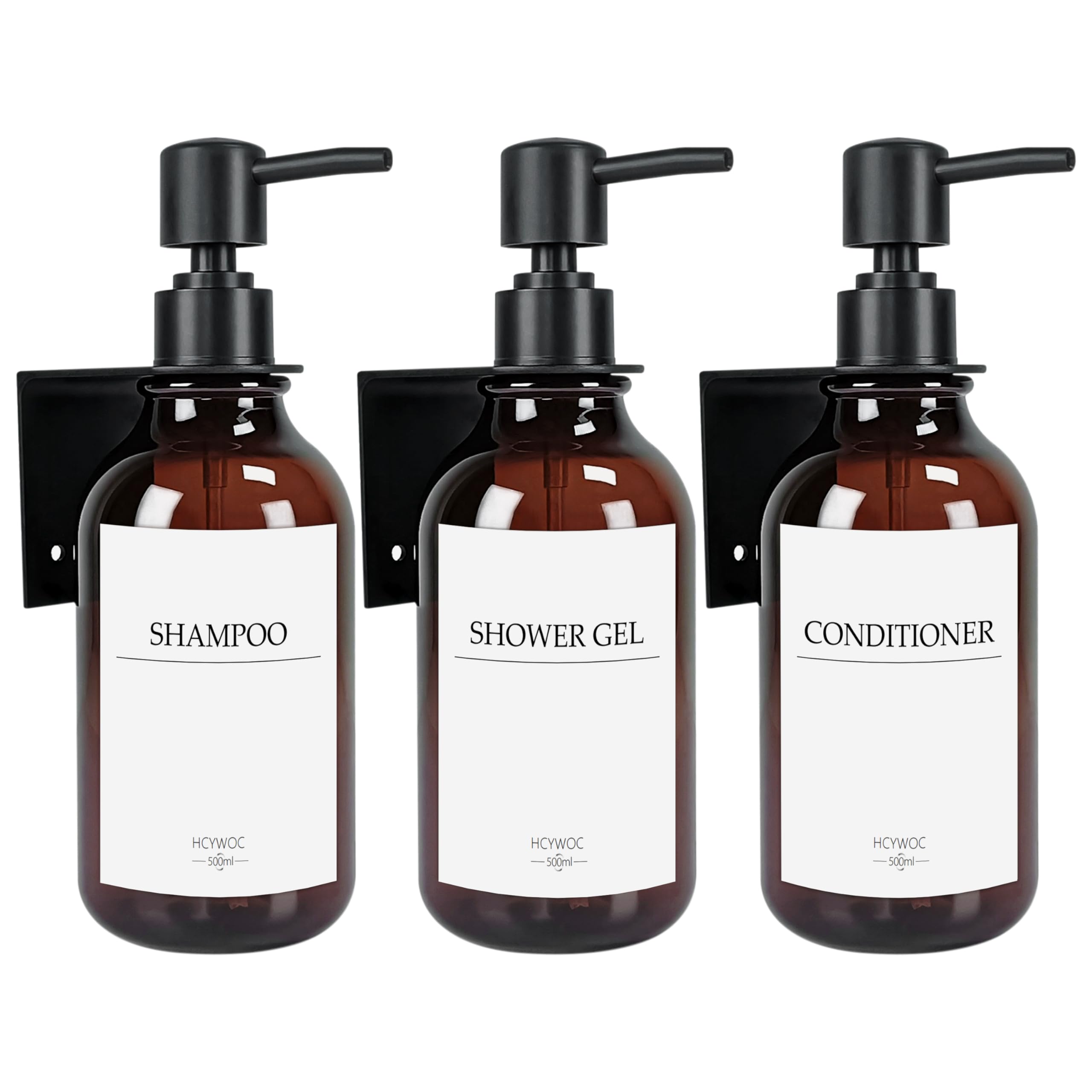 3 Pezzi Dispenser Sapone Bagno a Muro, 500ml Dispenser Sapone Senza Foratura, Con 16 Etichette Impermeabili, Per Bagno Cucina Shampoo Balsamo Bagnoschiuma - Ambra