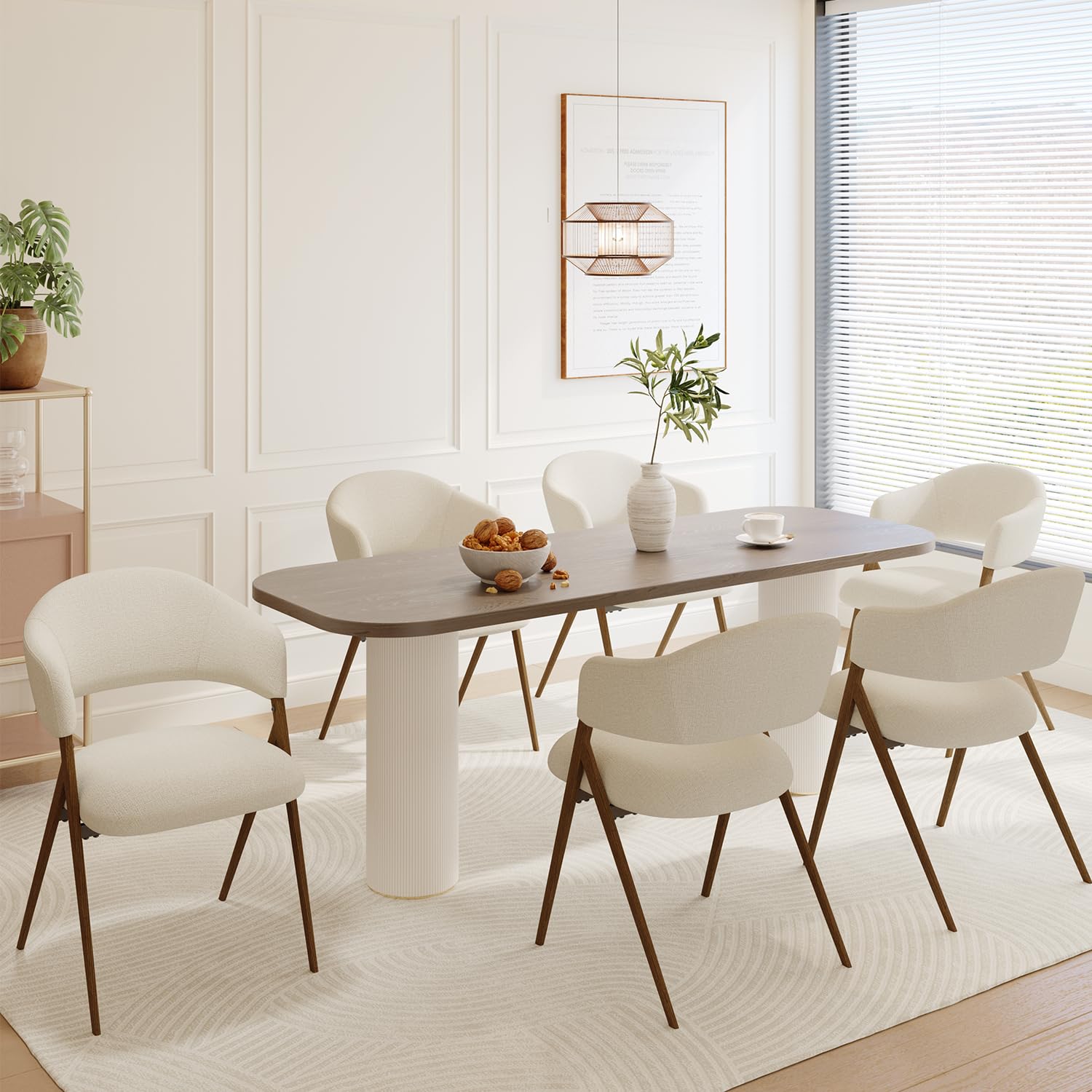 Homixis Dining Room Chairs Set of 6, Upholstered Dining Room Chairs, Mid Century Fabric Kitchen Chairs with Curved Backrest and Metal Legs, Beige