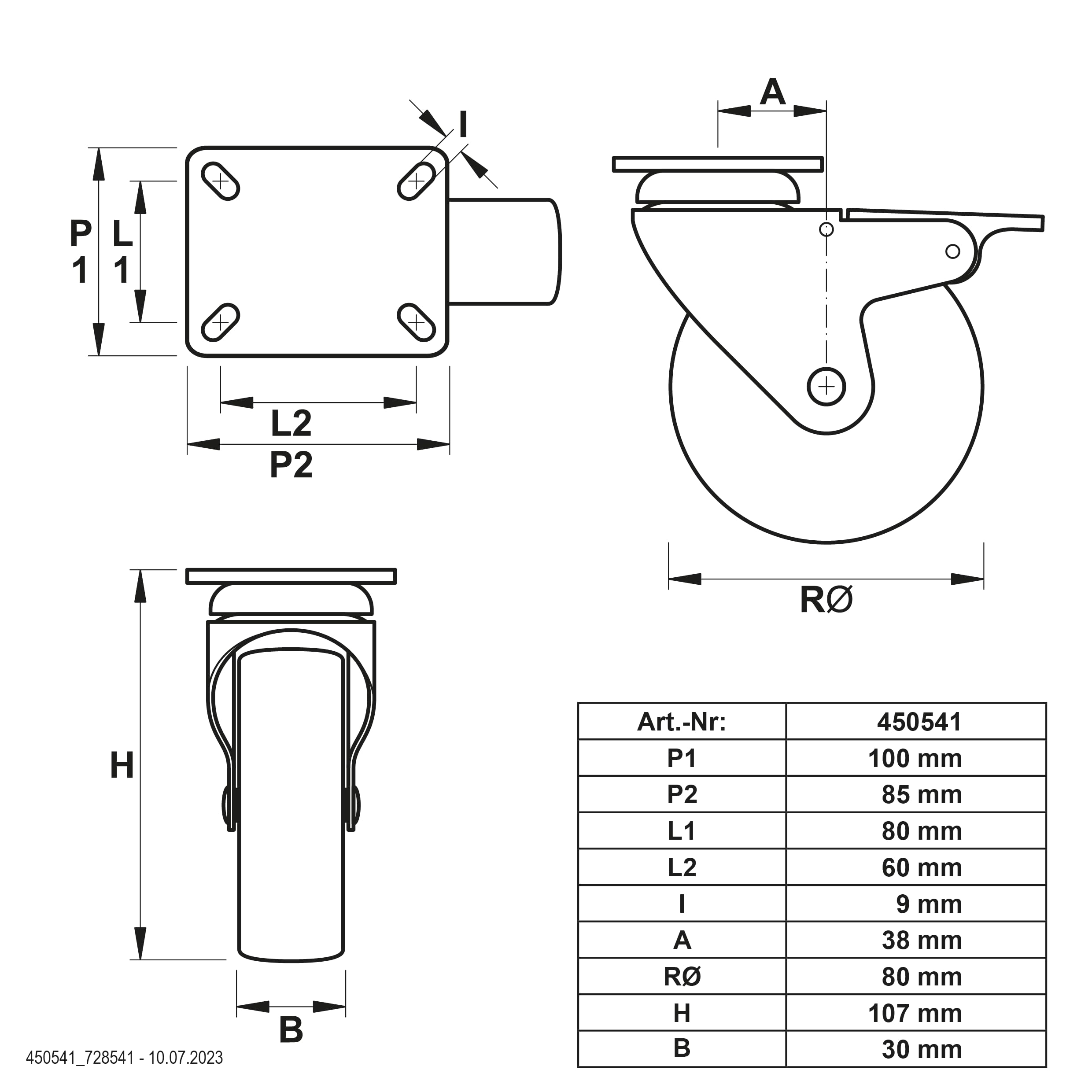 Dörner + Helmer Lot de 4 roulettes pivotantes en polypropylène 80 mm, plaque 100 x 85 mm, mélange de rouleaux, charge maximale 300 kg/set