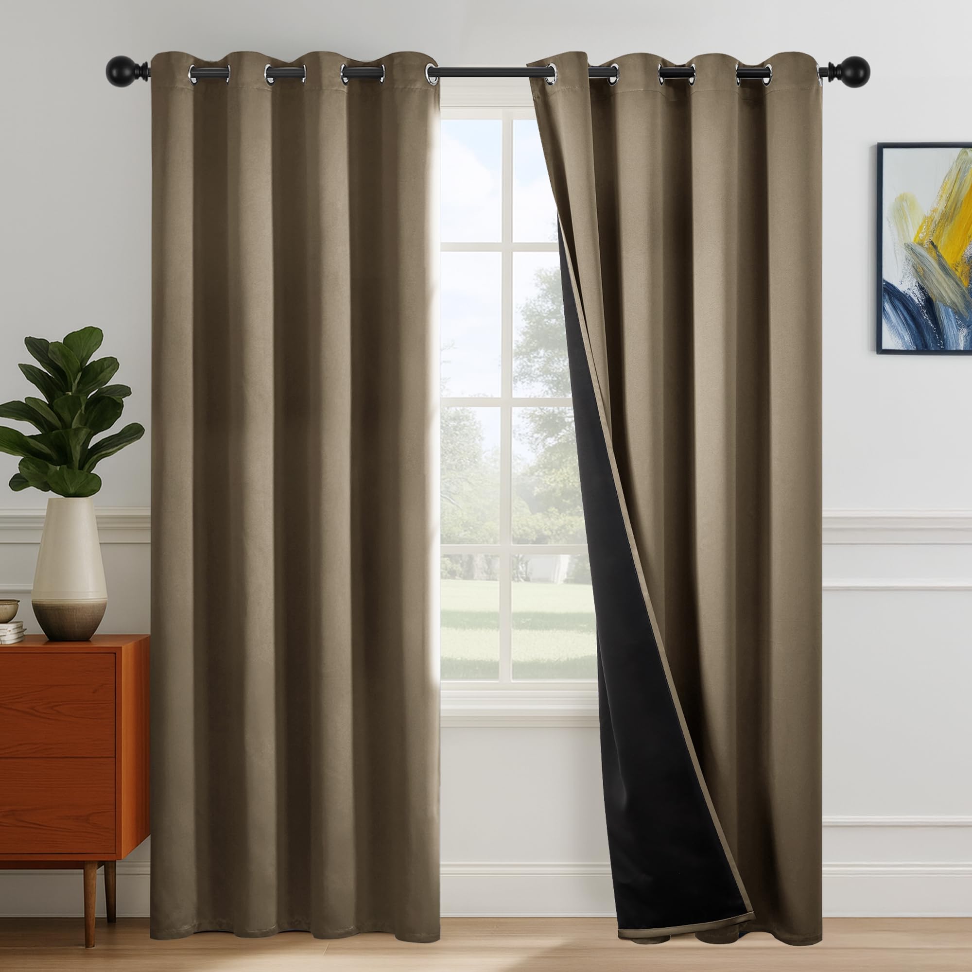 Deconovo Całkowite zasłony zaciemniające do wnętrz, 140 x 290 cm, 2 panele | Izolacja termiczna na ciepło i zimno, tłumienie hałasu, nowoczesne z oczkami, do sypialni i salonu, khaki