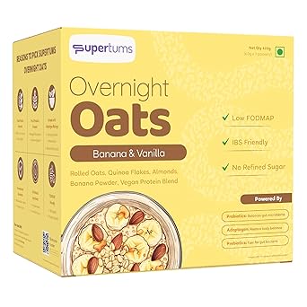 Supertums Overnight Oats Banana Vanilla 420g | LOW FODMAP Oatmeal | IBS & GUT Friendly Food | Prebiotics & Probiotics | High Protein Breakfast | No bloating | No Gas | Ideal for weightloss - image, photos