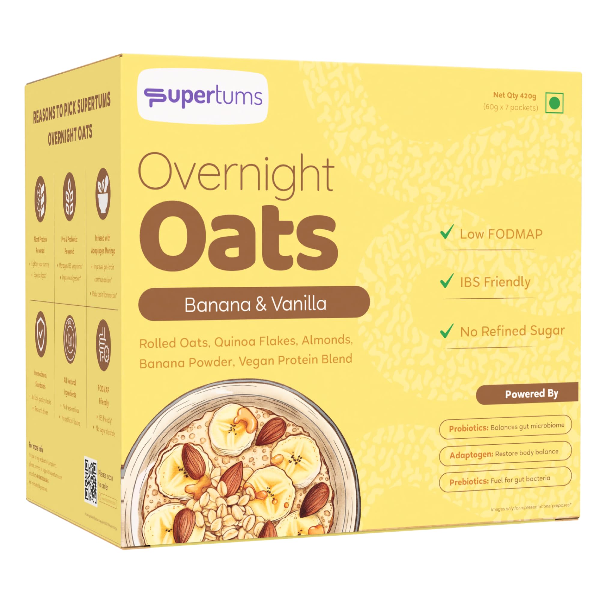 Supertums Overnight Oats Banana Vanilla 420g | LOW FODMAP Oatmeal | IBS & GUT Friendly Food | Prebiotics & Probiotics | High Protein Breakfast | No bloating | No Gas | Ideal for weightloss