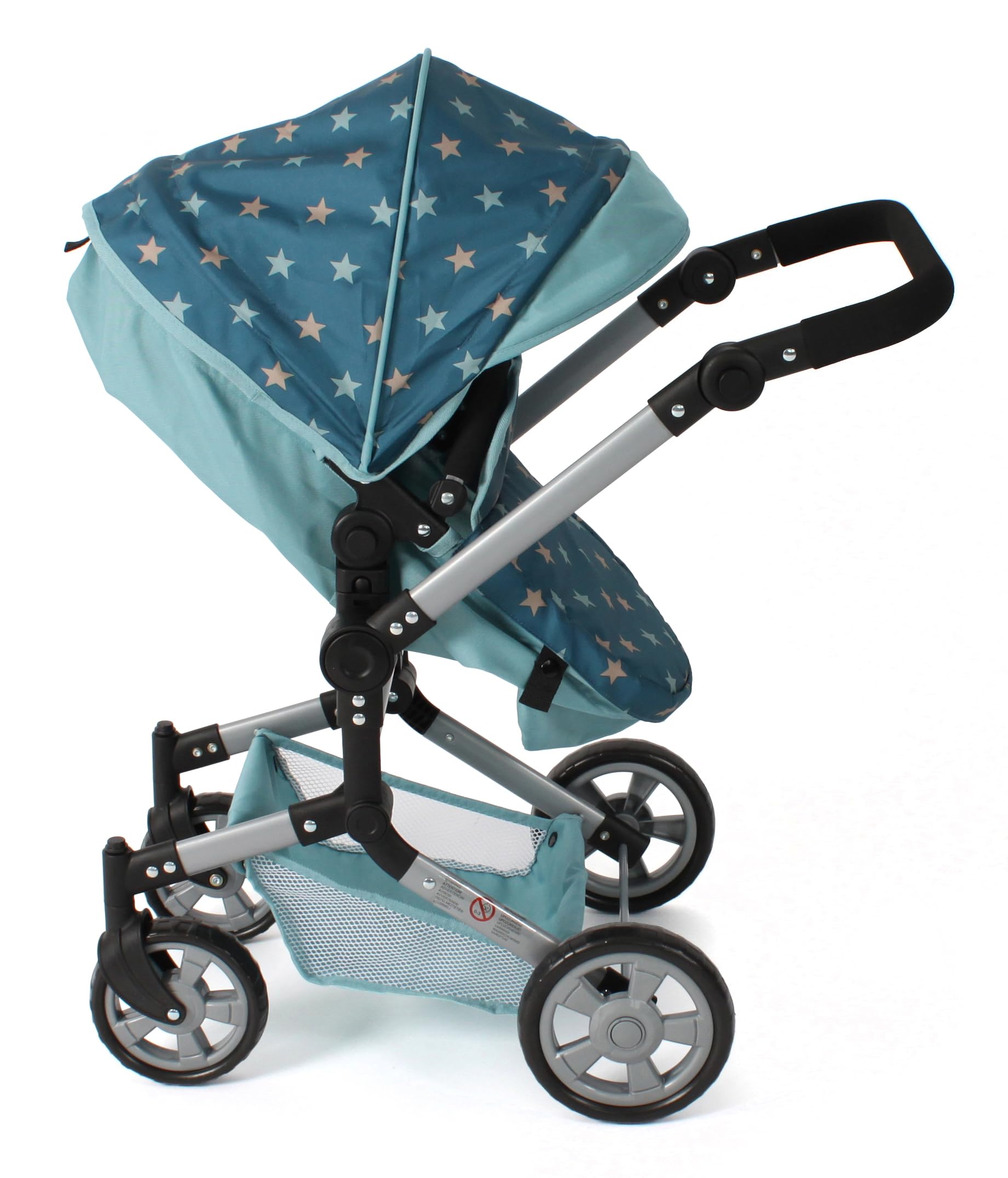 Bayer Chic 2000® 2 w 1 wózek dla lalek Linus - gwiazdka turkusowa - składana, z regulacją wysokości 47-78 cm – lalki do 52 cm, 4-8 J.