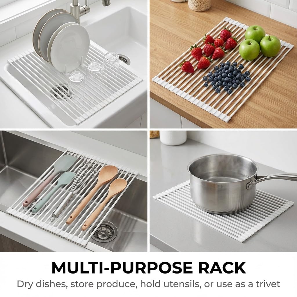 Égouttoir à vaisselle pliable pour évier de cuisine - Peu encombrant - Pour couverts, fruits et vétérinaires - Blanc