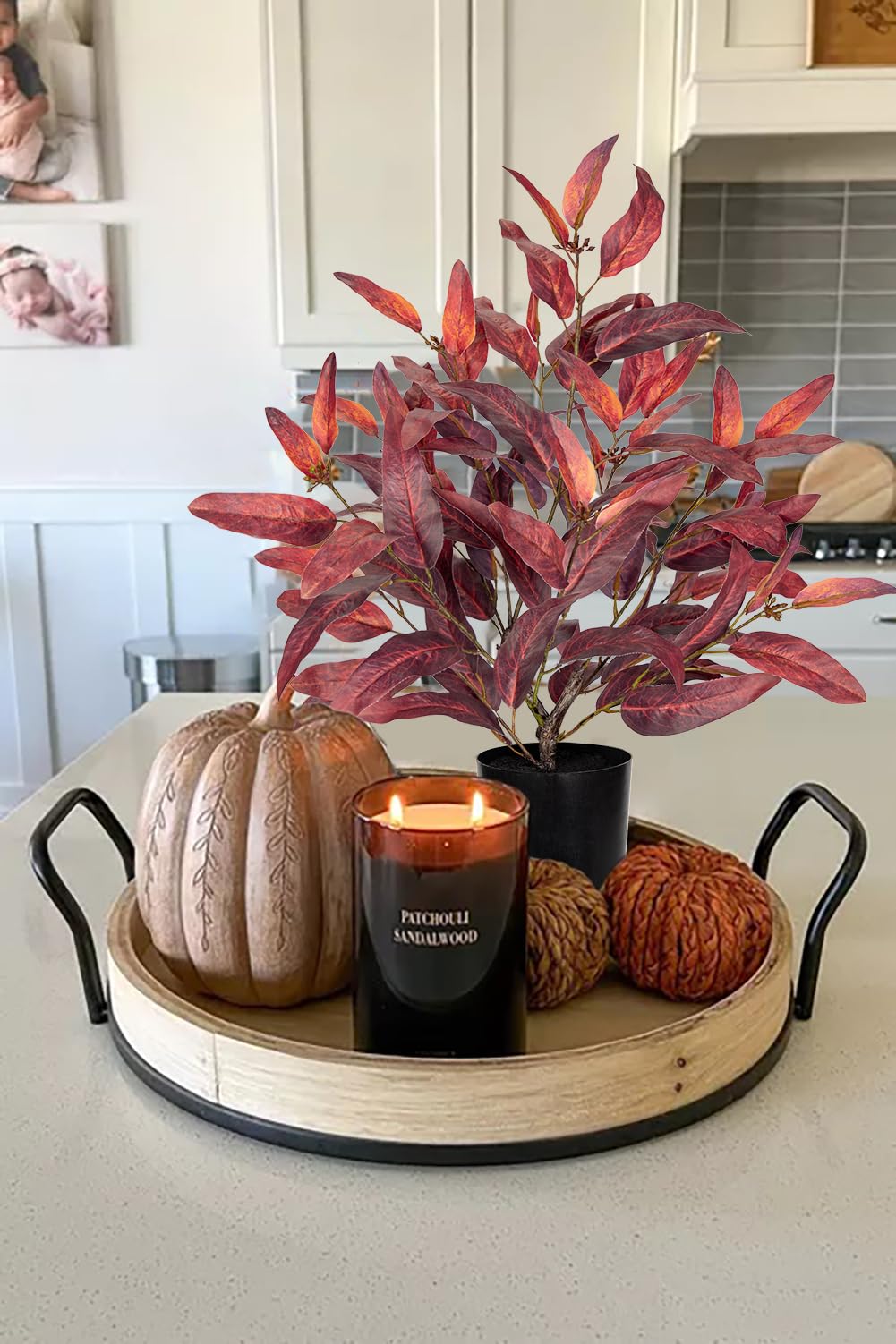 Briful Pianta artificiale con foglie bordeaux in cesto, alta 48,9 cm, pianta di eucalipto in vaso con foglie rosso intenso, vaso nero classico, decorazione autunnale da tavolo per casa, ufficio